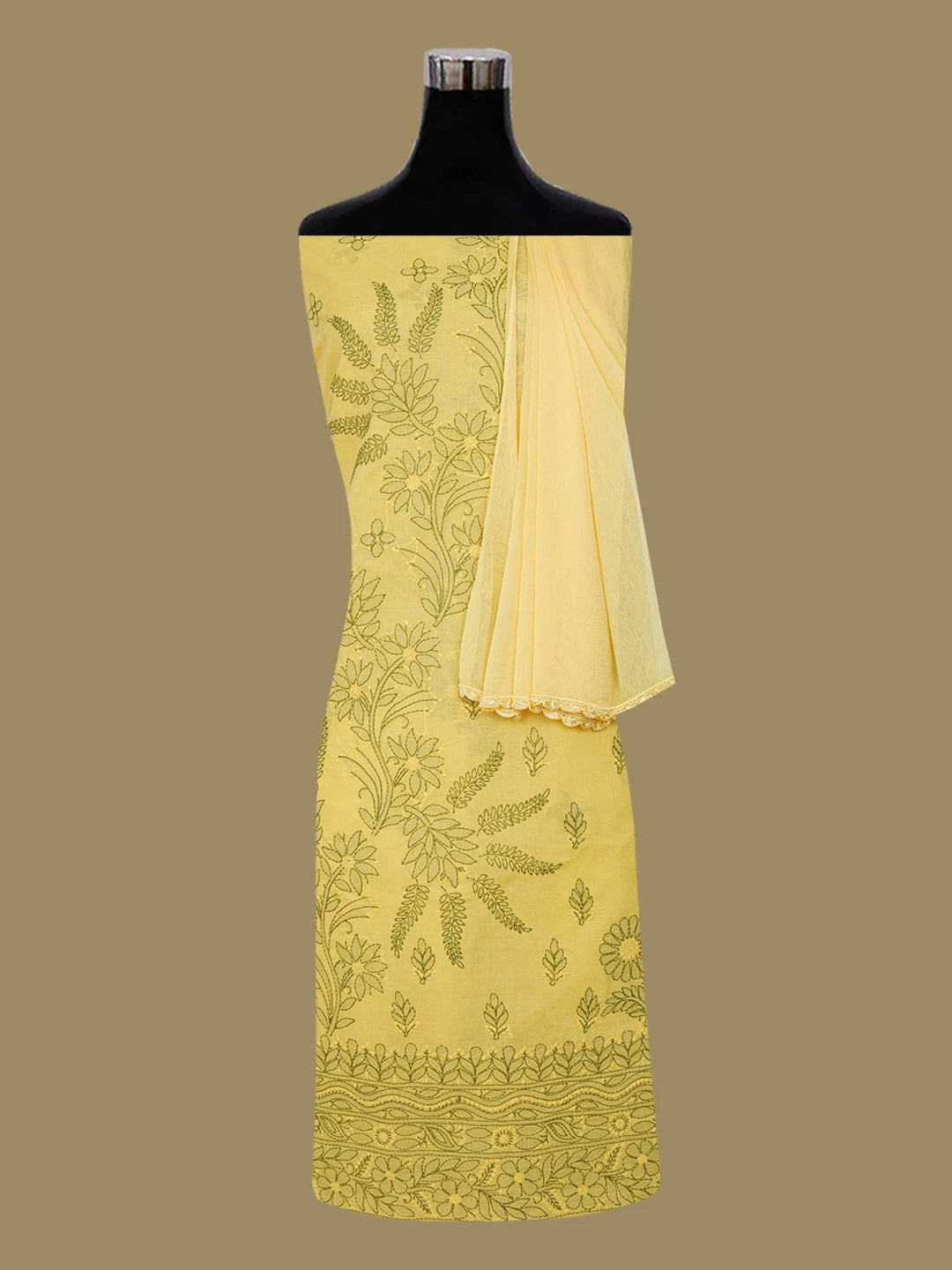 Ada Hand Embroidered Yellow Cotton Lucknowi Chikankari Unstitched Suit Piece 01A644880