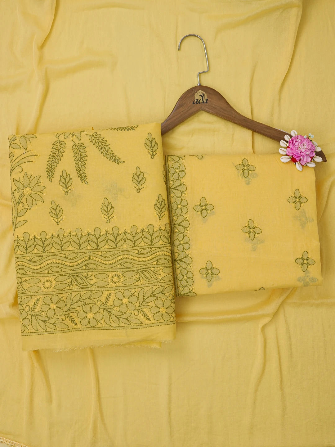 Ada Hand Embroidered Yellow Cotton Lucknowi Chikankari Unstitched Suit Piece 01A644880