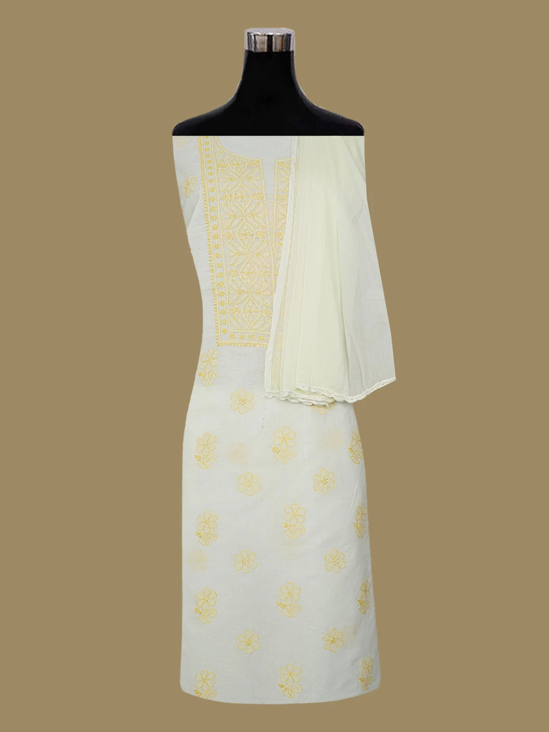 Ada Hand Embroidered Cream Cotton Lucknowi Chikankari Unstitched Suit Piece 01A644590