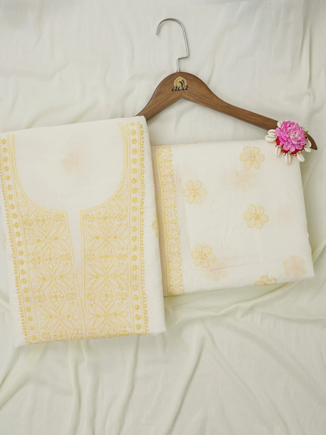 Ada Hand Embroidered Cream Cotton Lucknowi Chikankari Unstitched Suit Piece 01A644590