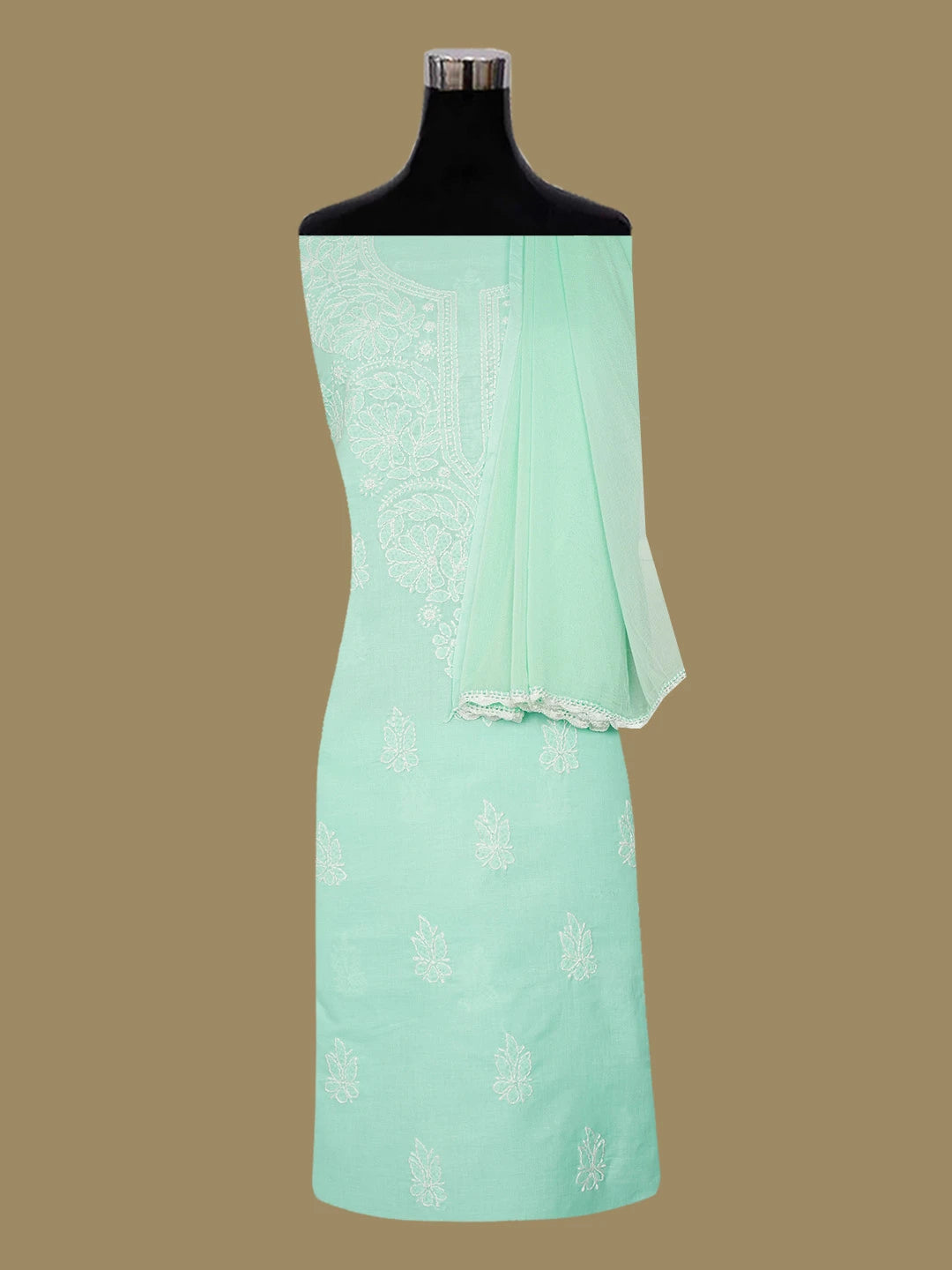 Ada Hand Embroidered Sea Green Cotton Lucknowi Chikankari Unstitched Suit Piece 01A657324