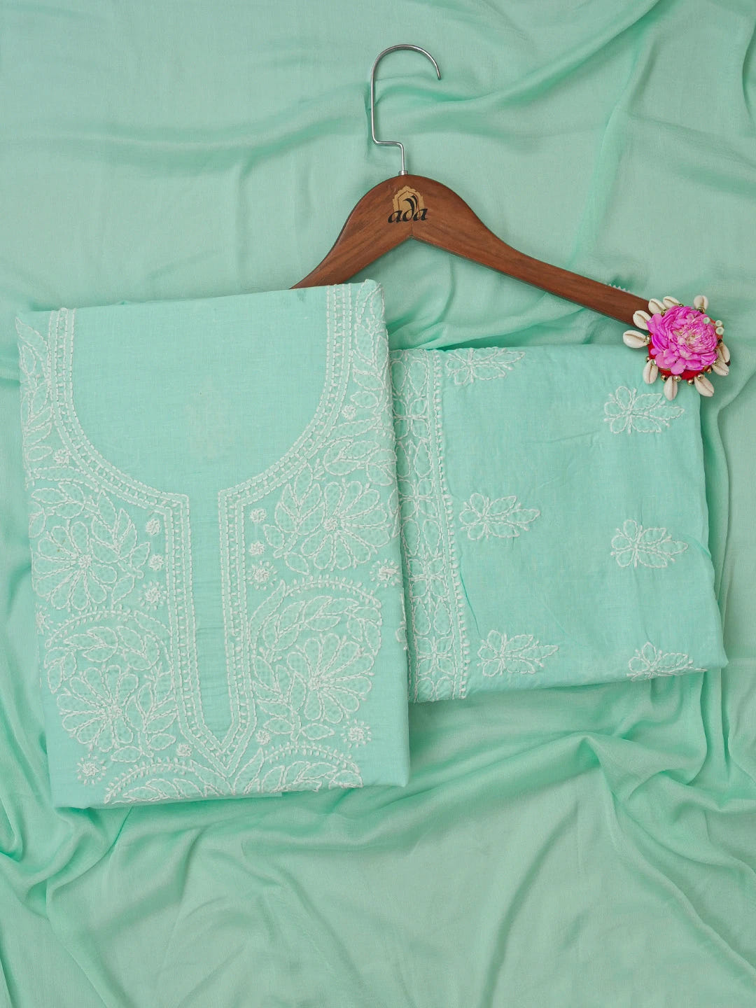 Ada Hand Embroidered Sea Green Cotton Lucknowi Chikankari Unstitched Suit Piece 01A657324