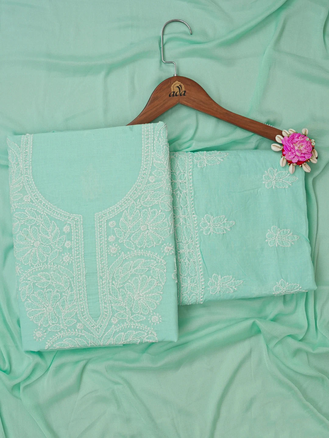 Ada Hand Embroidered Sea Green Cotton Lucknowi Chikankari Unstitched Suit Piece 01A657324