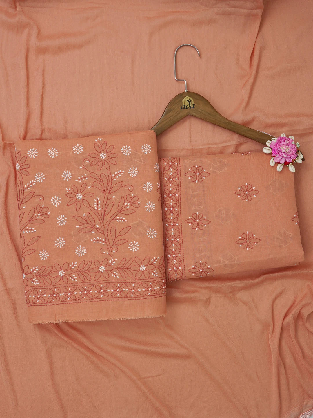 Ada Hand Embroidered Rust Cotton Lucknowi Chikankari Unstitched Suit Piece 01A644609