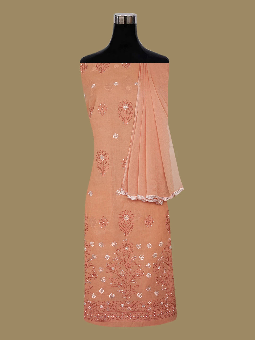 Ada Hand Embroidered Rust Cotton Lucknowi Chikankari Unstitched Suit Piece 01A644609