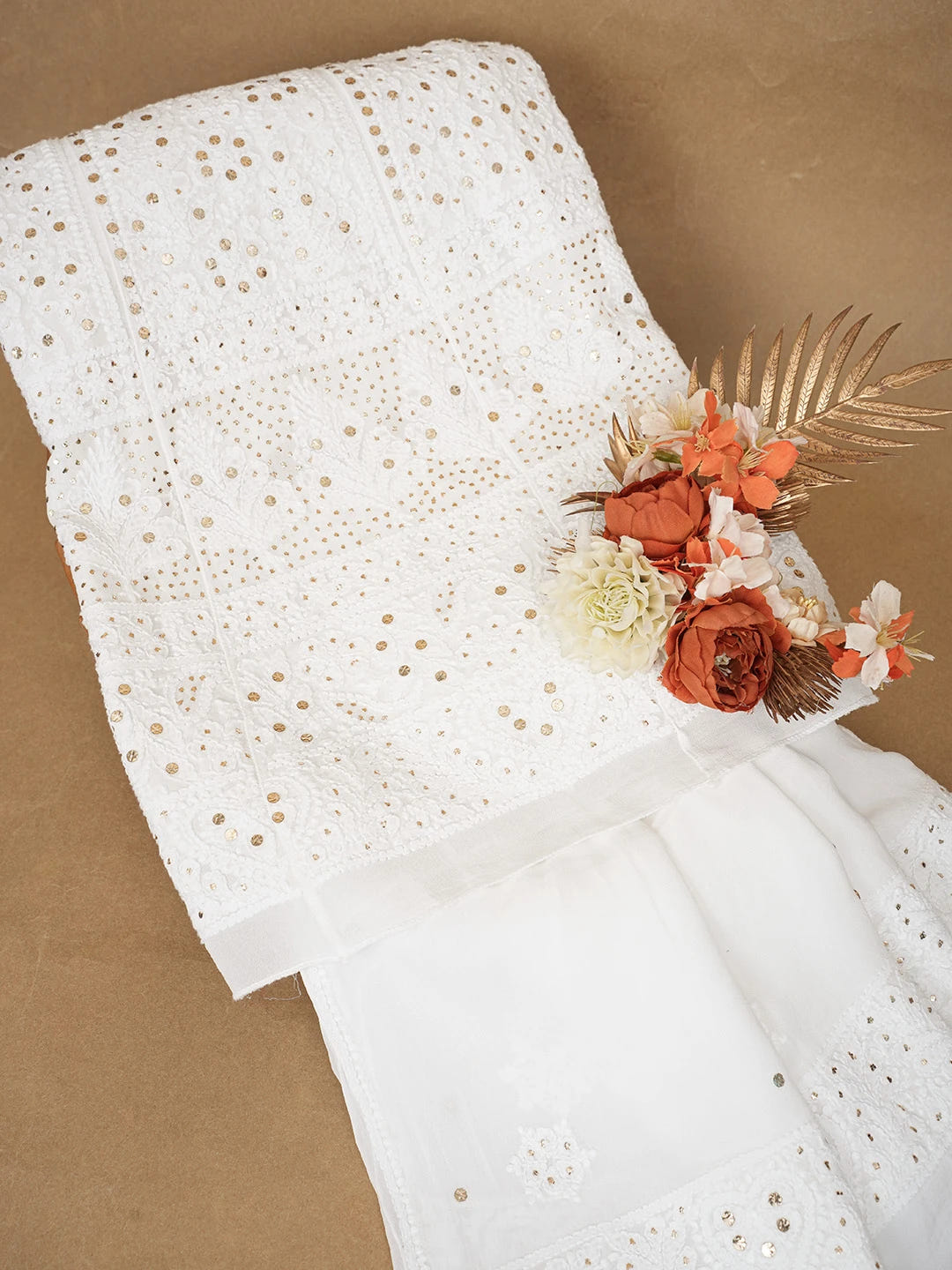 Ada Hand Embroidered White Viscose Georgette Lucknowi Chikankari Semi-Stitched Anarkali Kurta Dupatta Set With Muqaish Work 01A615772