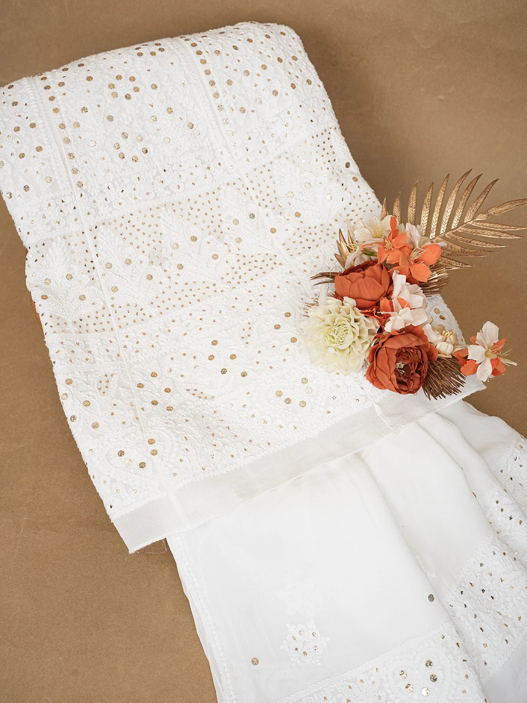 Ada Hand Embroidered White Viscose Georgette Lucknowi Chikankari Semi-Stitched Anarkali Kurta Dupatta Set With Muqaish Work 01A615772