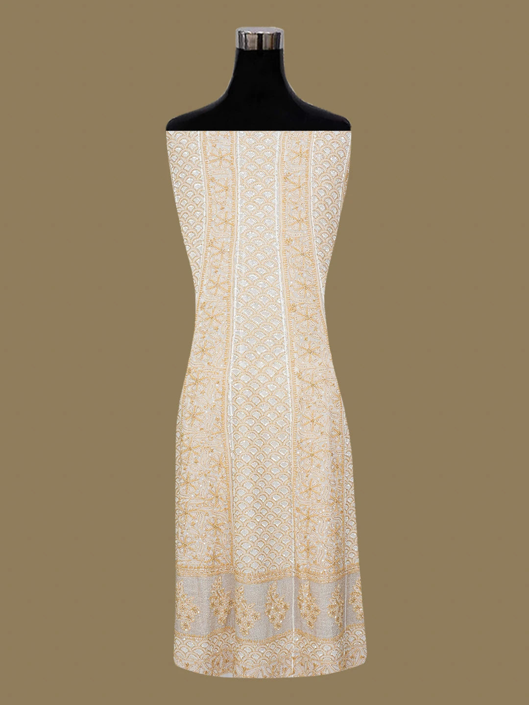 Ada Hand Embroidered White Pure Georgette Lucknowi Chikankari Semi-Stitched Anarkali Kurta Dupatta Set With Cutdana Work 01A40363