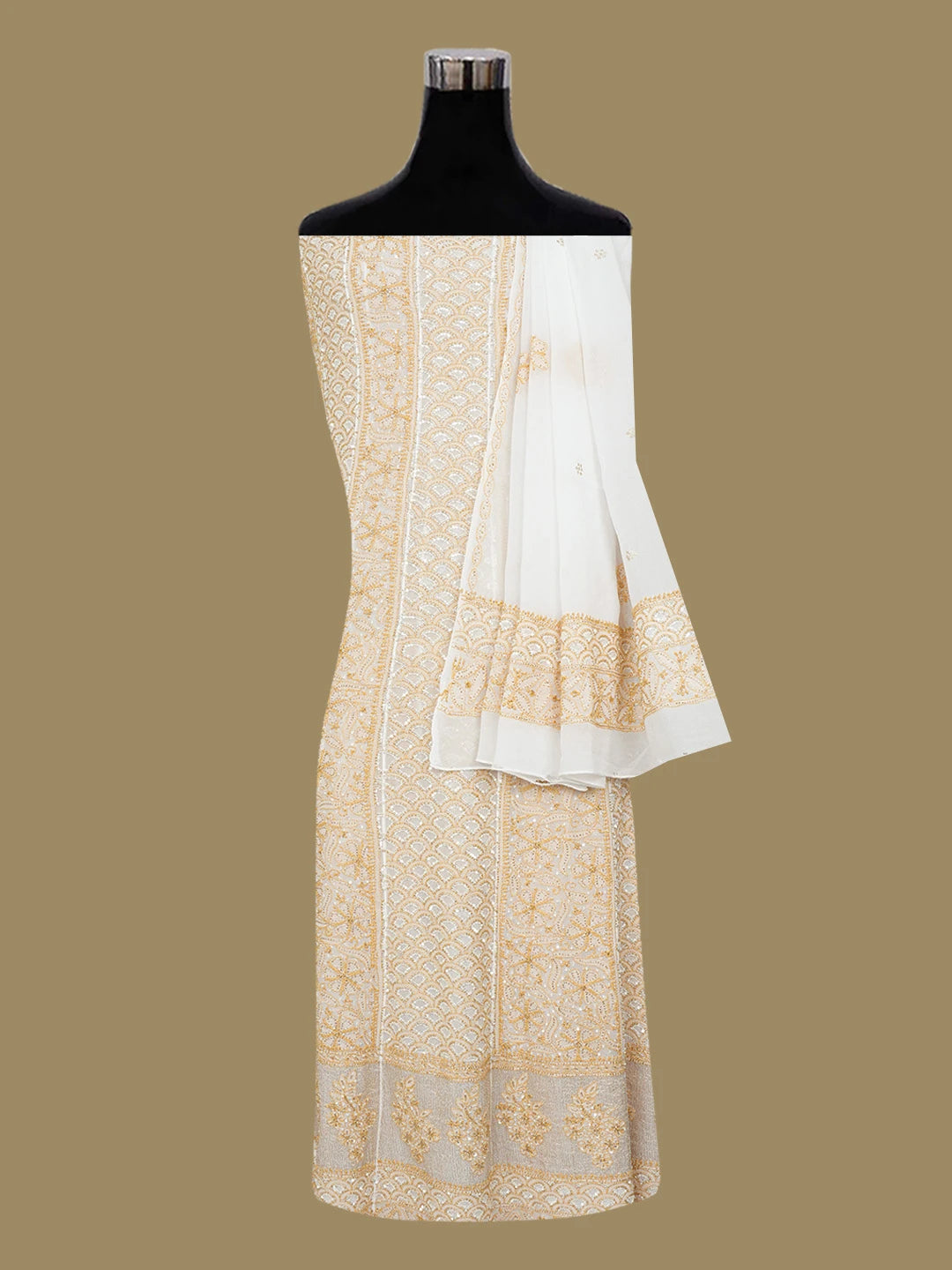 Ada Hand Embroidered White Pure Georgette Lucknowi Chikankari Semi-Stitched Anarkali Kurta Dupatta Set With Cutdana Work 01A40363