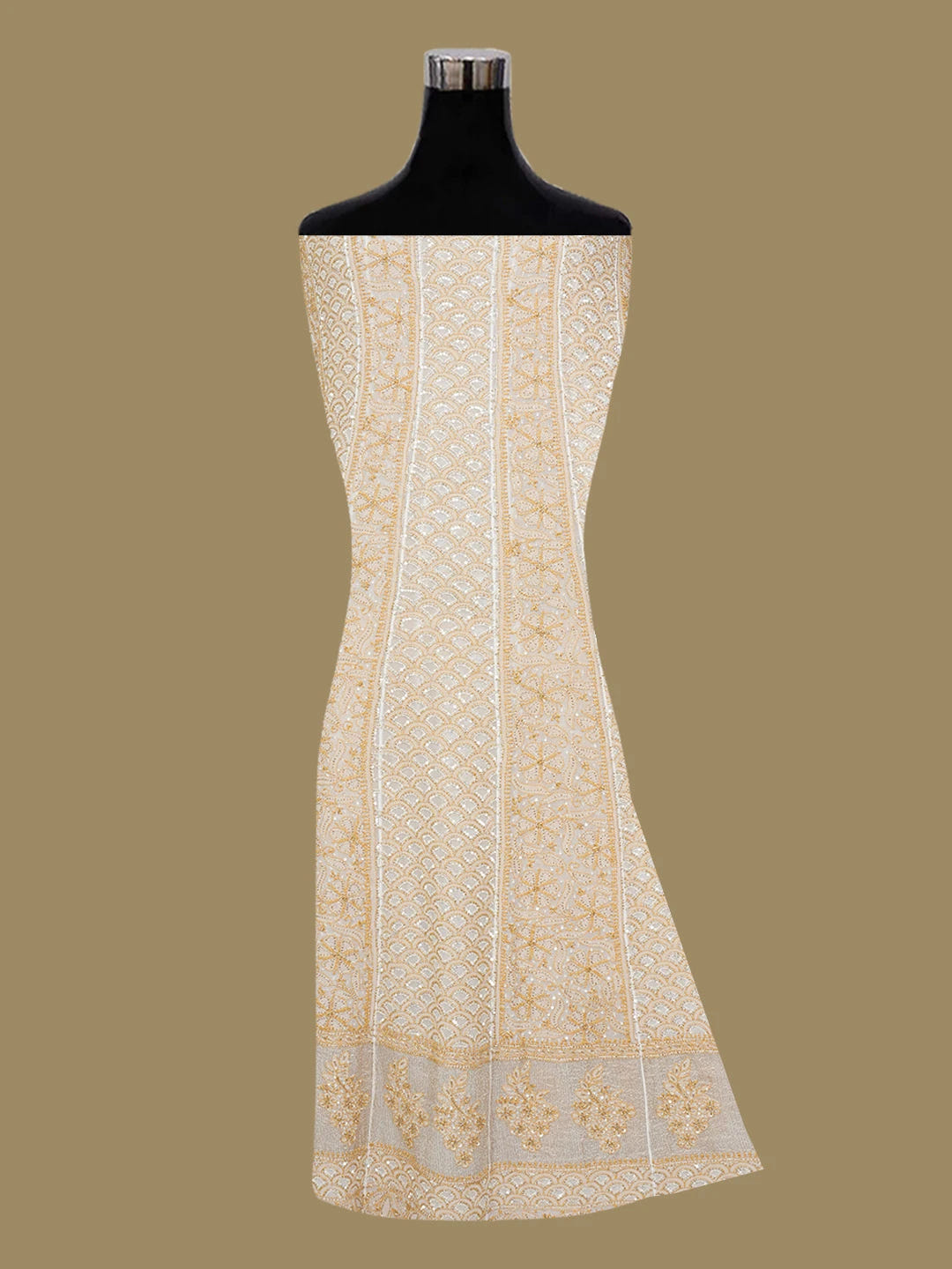 Ada Hand Embroidered White Pure Georgette Lucknowi Chikankari Semi-Stitched Anarkali Kurta Dupatta Set With Cutdana Work 01A40363