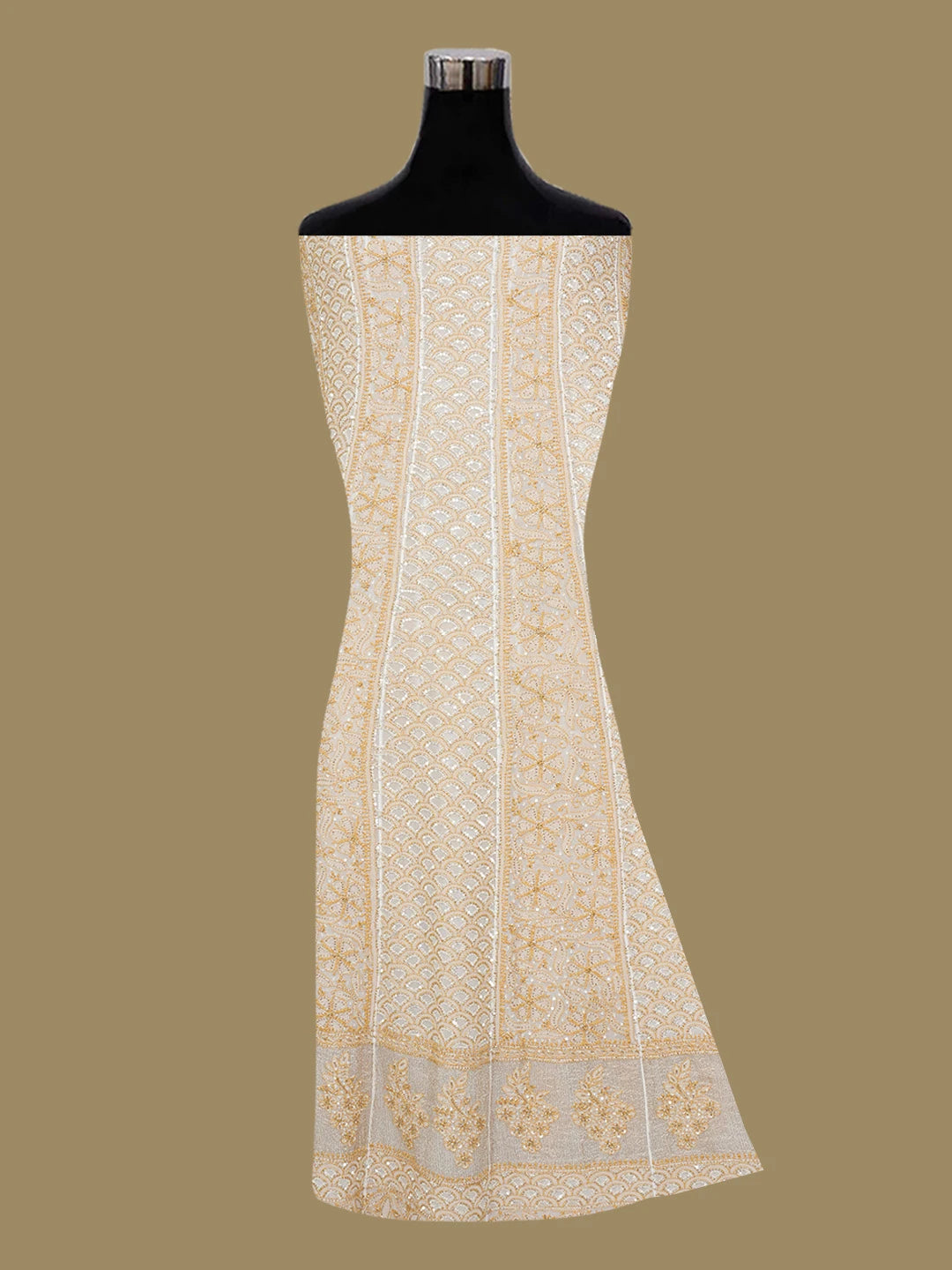 Ada Hand Embroidered White Pure Georgette Lucknowi Chikankari Semi-Stitched Anarkali Kurta Dupatta Set With Cutdana Work 01A40363