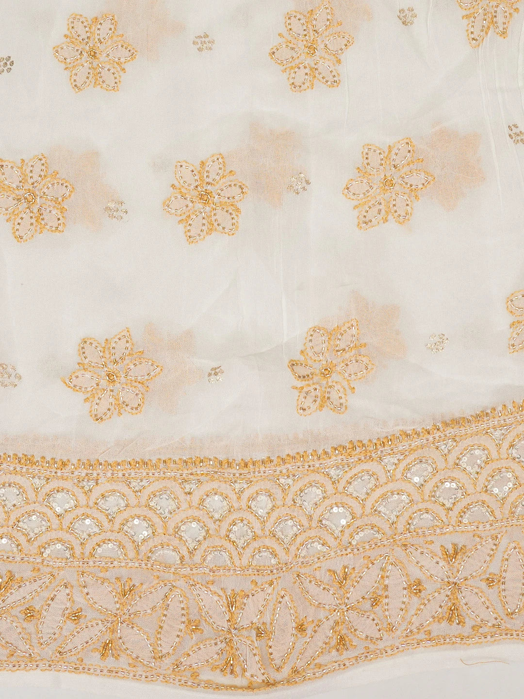 Ada Hand Embroidered White Pure Georgette Lucknowi Chikankari Semi-Stitched Anarkali Kurta Dupatta Set With Cutdana Work 01A40363