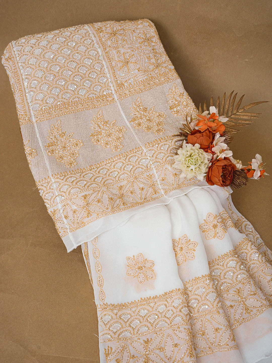 Ada Hand Embroidered White Pure Georgette Lucknowi Chikankari Semi-Stitched Anarkali Kurta Dupatta Set With Cutdana Work 01A40363