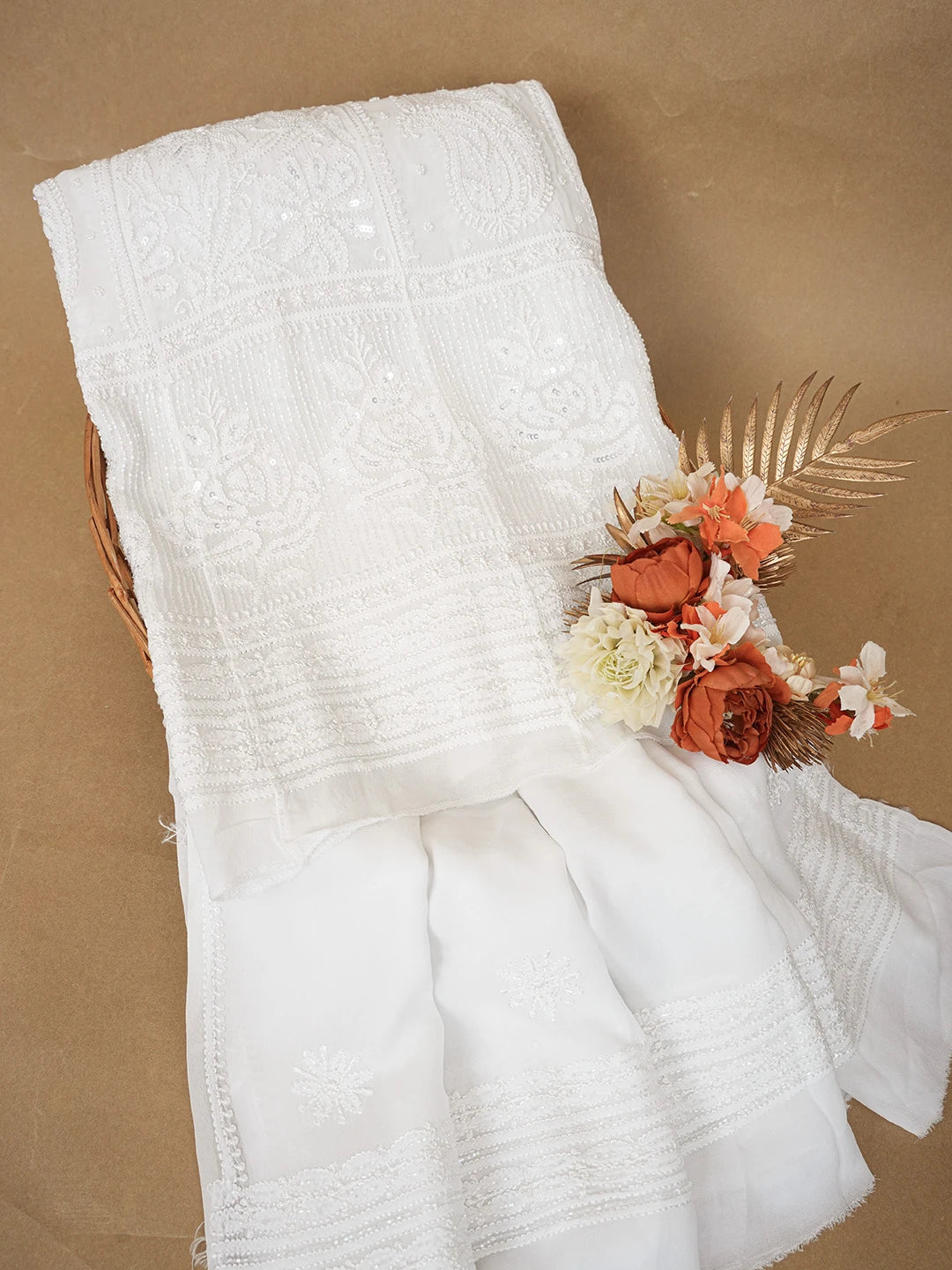 Ada Hand Embroidered Seasalt White Viscose Georgette Lucknowi Chikankari Semi-Stitched Anarkali Kurta Dupatta Set With Cutdana & Sequinned Work 01A652359