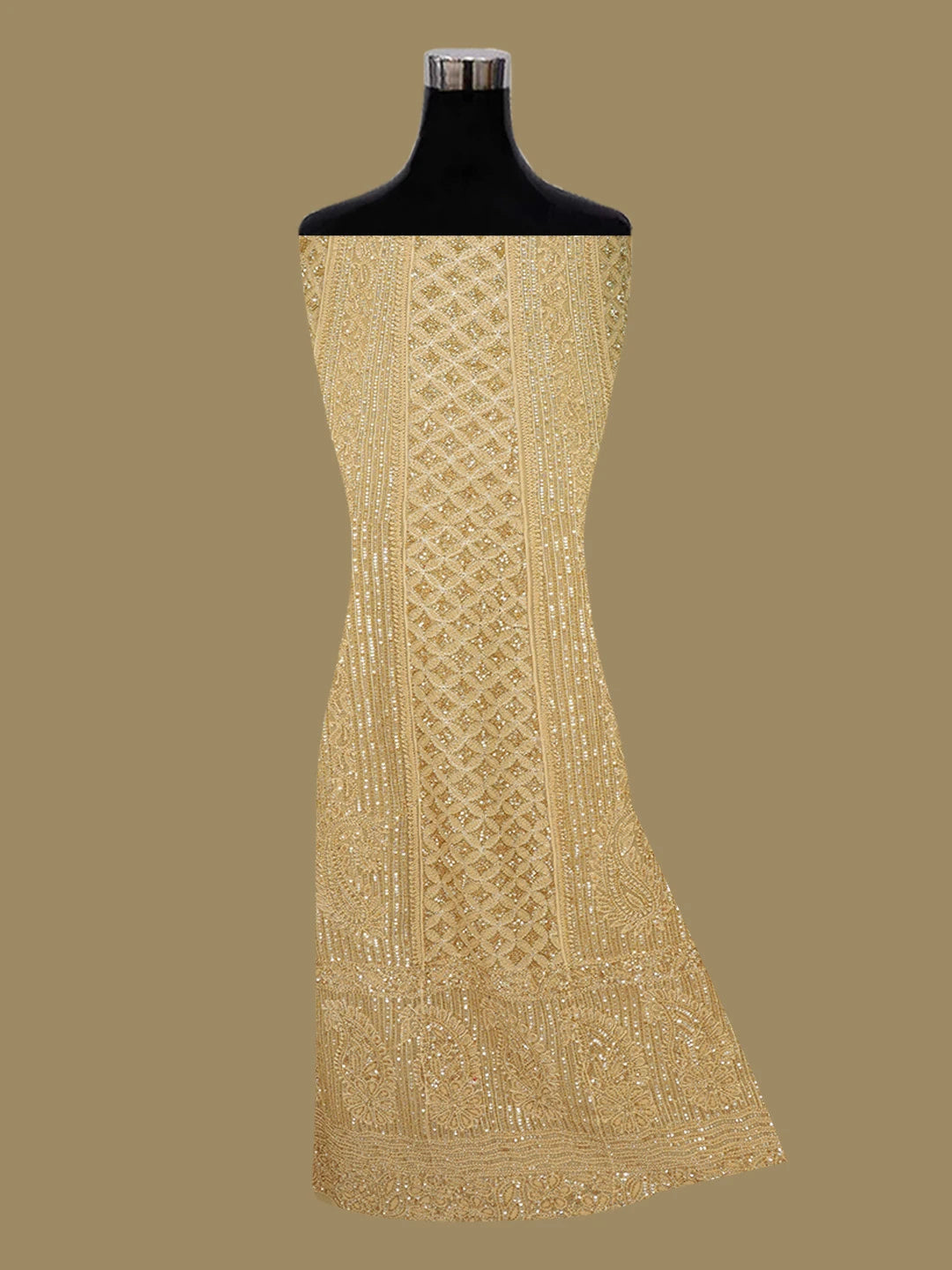 Ada Hand Embroidered Fawn Viscose Georgette Lucknowi Chikankari Semi-Stitched Anarkali Kurta Dupatta Set With Cutdana Work 01A589140