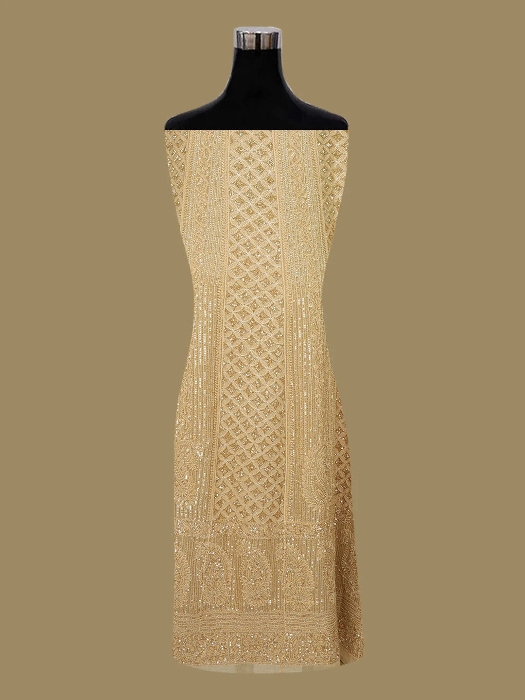 Ada Hand Embroidered Fawn Viscose Georgette Lucknowi Chikankari Semi-Stitched Anarkali Kurta Dupatta Set With Cutdana Work 01A589140
