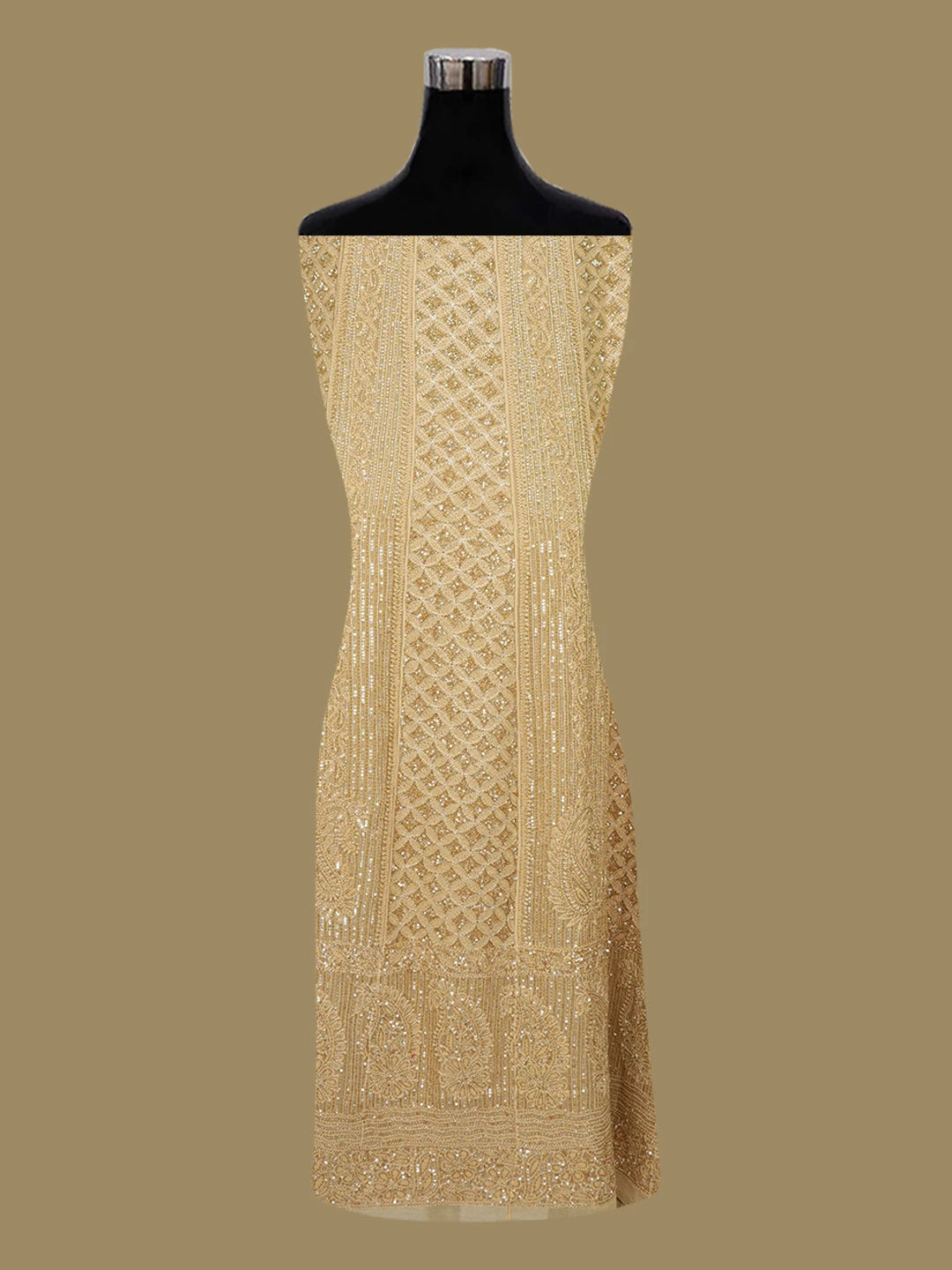Ada Hand Embroidered Fawn Viscose Georgette Lucknowi Chikankari Semi-Stitched Anarkali Kurta Dupatta Set With Cutdana Work 01A589140