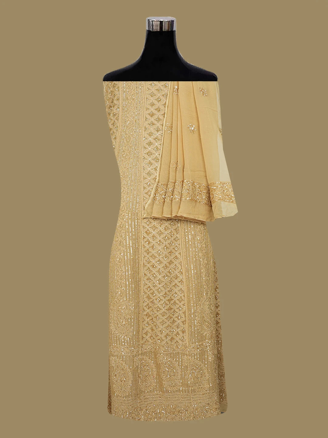 Ada Hand Embroidered Fawn Viscose Georgette Lucknowi Chikankari Semi-Stitched Anarkali Kurta Dupatta Set With Cutdana Work 01A589140