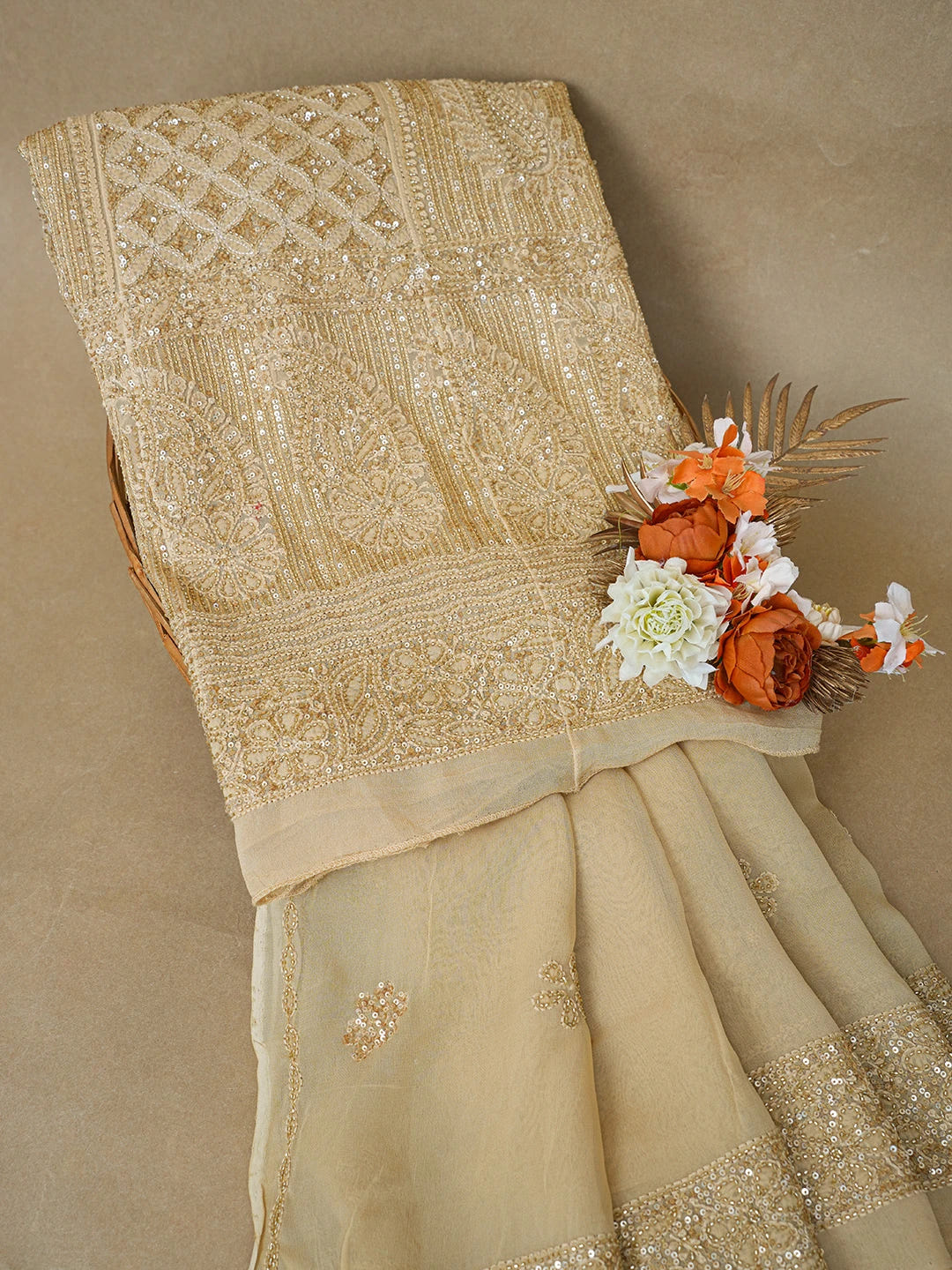 Ada Hand Embroidered Fawn Viscose Georgette Lucknowi Chikankari Semi-Stitched Anarkali Kurta Dupatta Set With Cutdana Work 01A589140