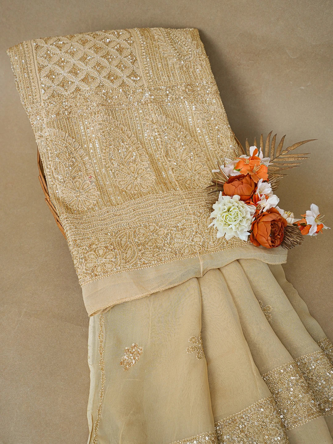 Ada Hand Embroidered Fawn Viscose Georgette Lucknowi Chikankari Semi-Stitched Anarkali Kurta Dupatta Set With Cutdana Work 01A589140