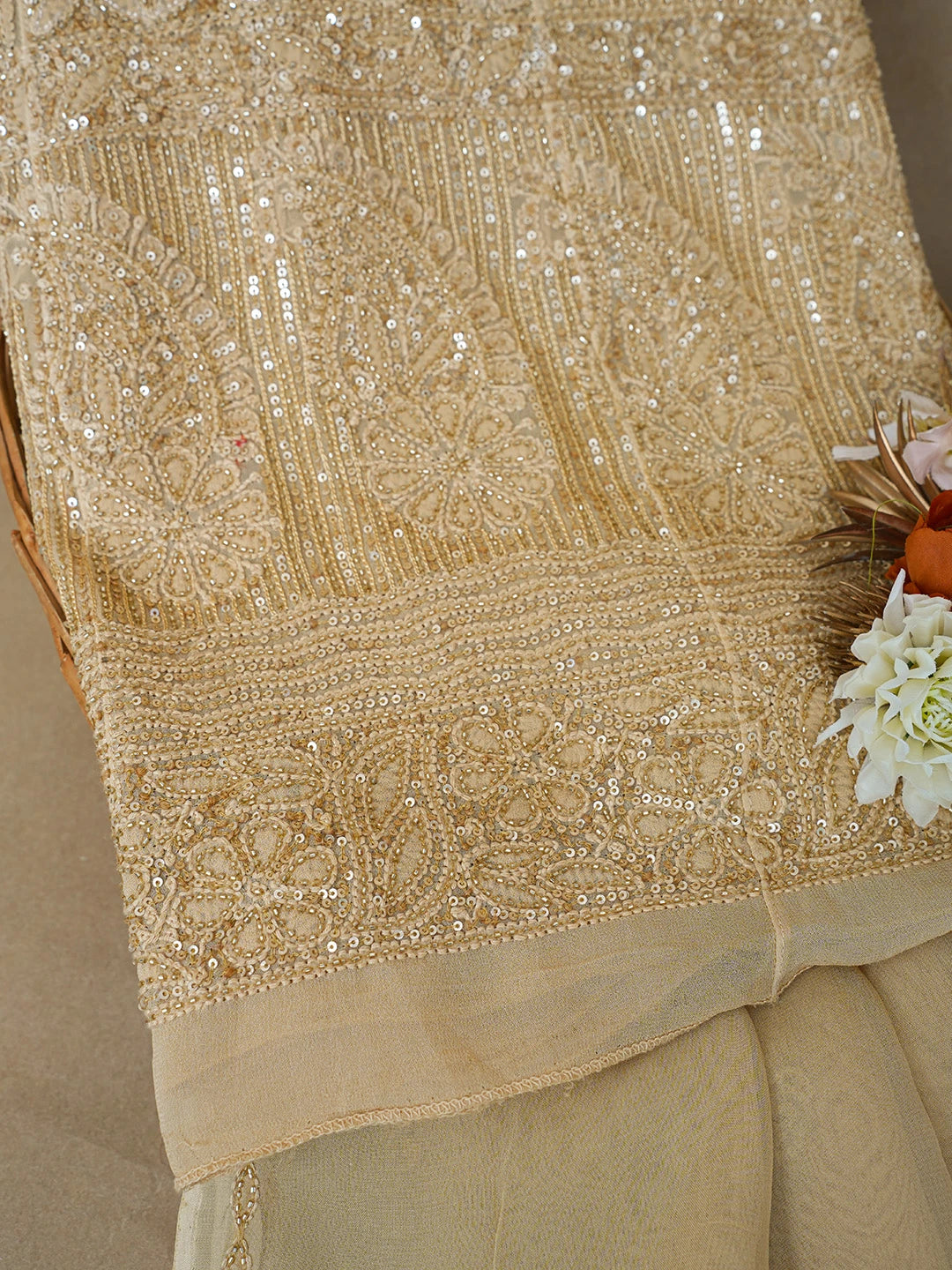 Ada Hand Embroidered Fawn Viscose Georgette Lucknowi Chikankari Semi-Stitched Anarkali Kurta Dupatta Set With Cutdana Work 01A589140