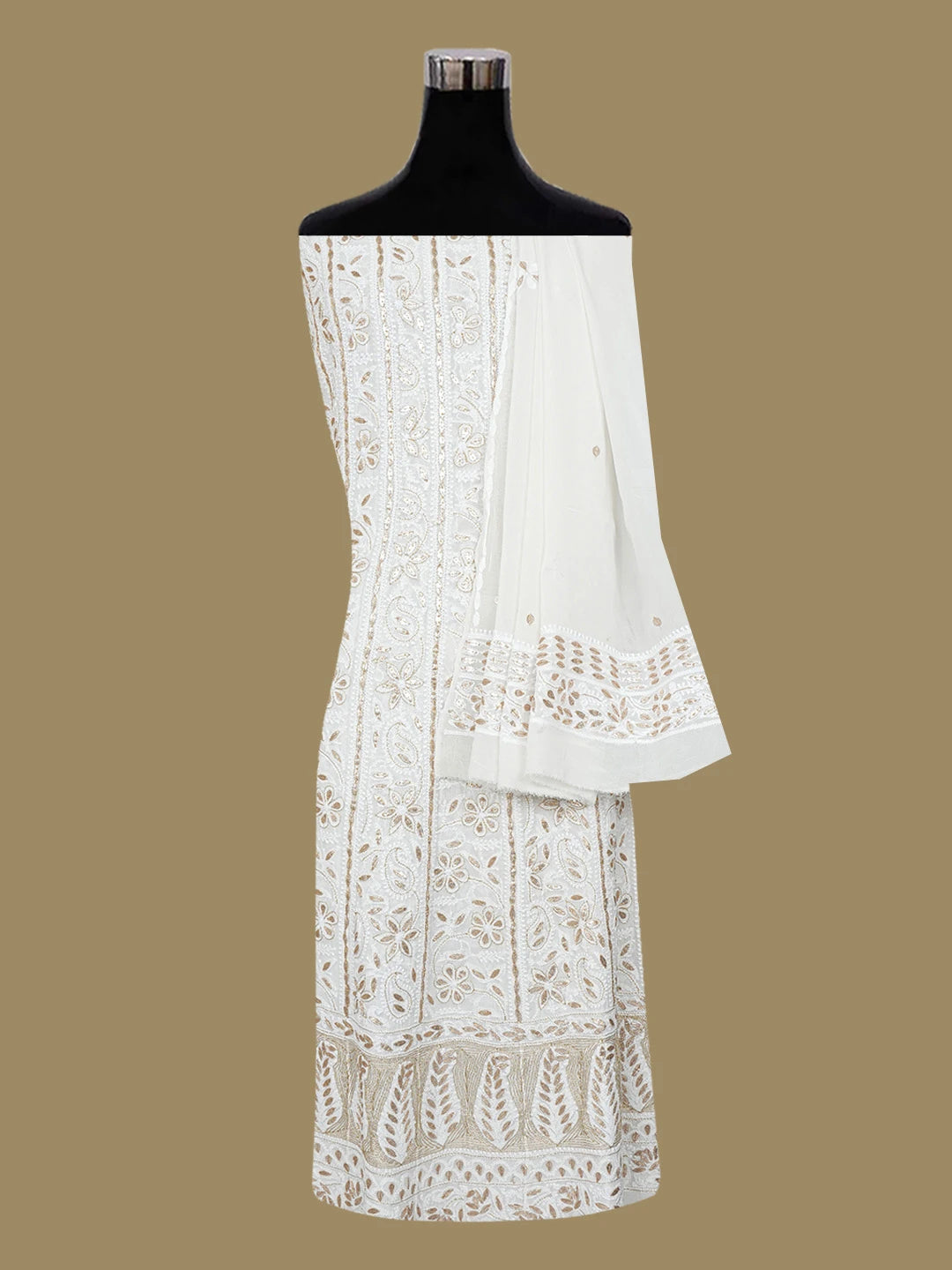 Ada Hand Embroidered White Pure Georgette Lucknowi Chikankari Semi-Stitched Anarkali Kurta Dupatta Set With Zari Work 01A373913