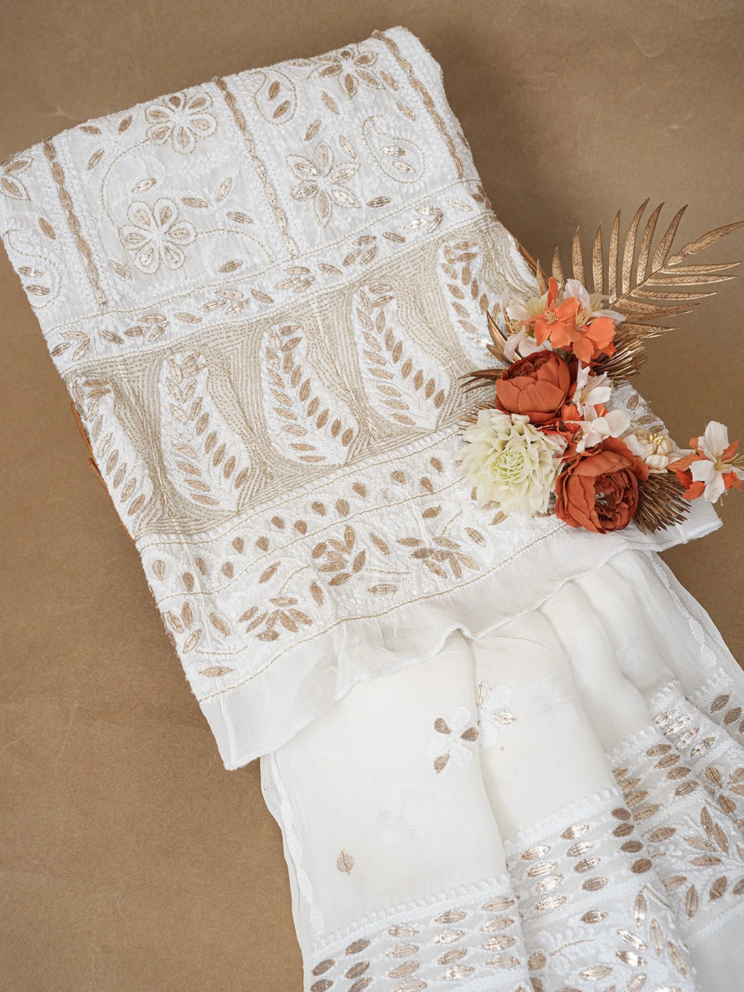 Ada Hand Embroidered White Pure Georgette Lucknowi Chikankari Semi-Stitched Anarkali Kurta Dupatta Set With Zari Work 01A373913