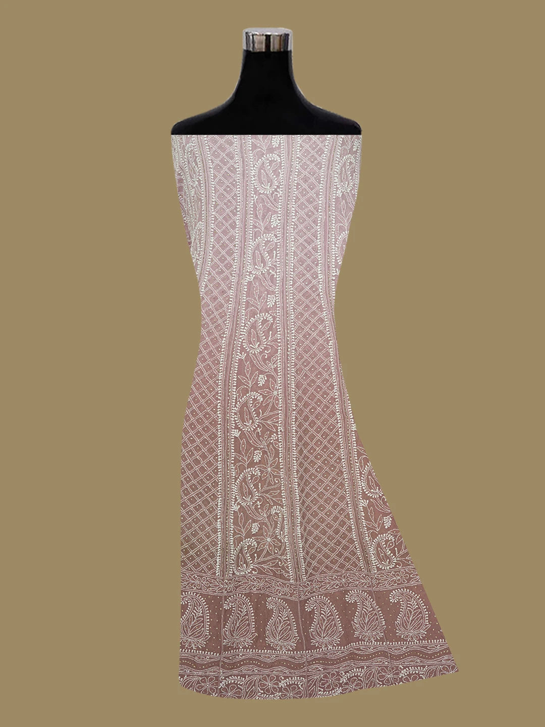 Ada Hand Embroidered Ombre Shade of Mauve And Coffee Brown Pure Georgette Lucknowi Chikankari Semi-Stitched Anarkali Kurta Dupatta Set With Muqaish/Mukaish Work 01A559266