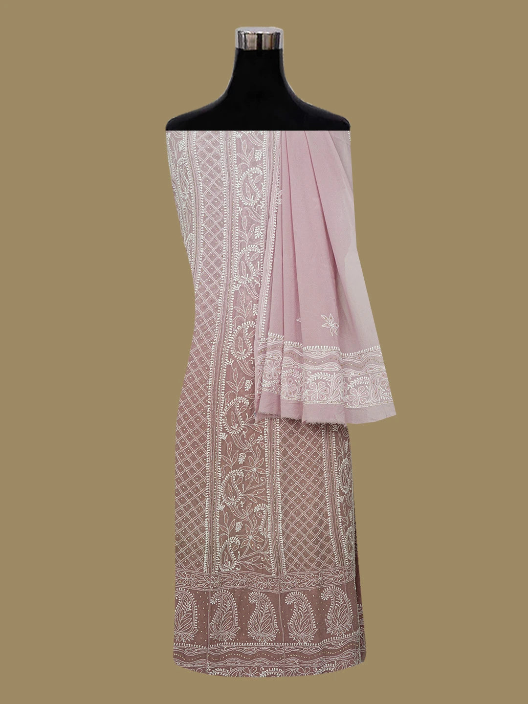 Ada Hand Embroidered Ombre Shade of Mauve And Coffee Brown Pure Georgette Lucknowi Chikankari Semi-Stitched Anarkali Kurta Dupatta Set With Muqaish/Mukaish Work 01A559266
