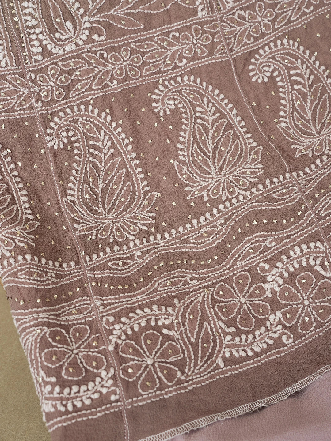 Ada Hand Embroidered Ombre Shade of Mauve And Coffee Brown Pure Georgette Lucknowi Chikankari Semi-Stitched Anarkali Kurta Dupatta Set With Muqaish/Mukaish Work 01A559266