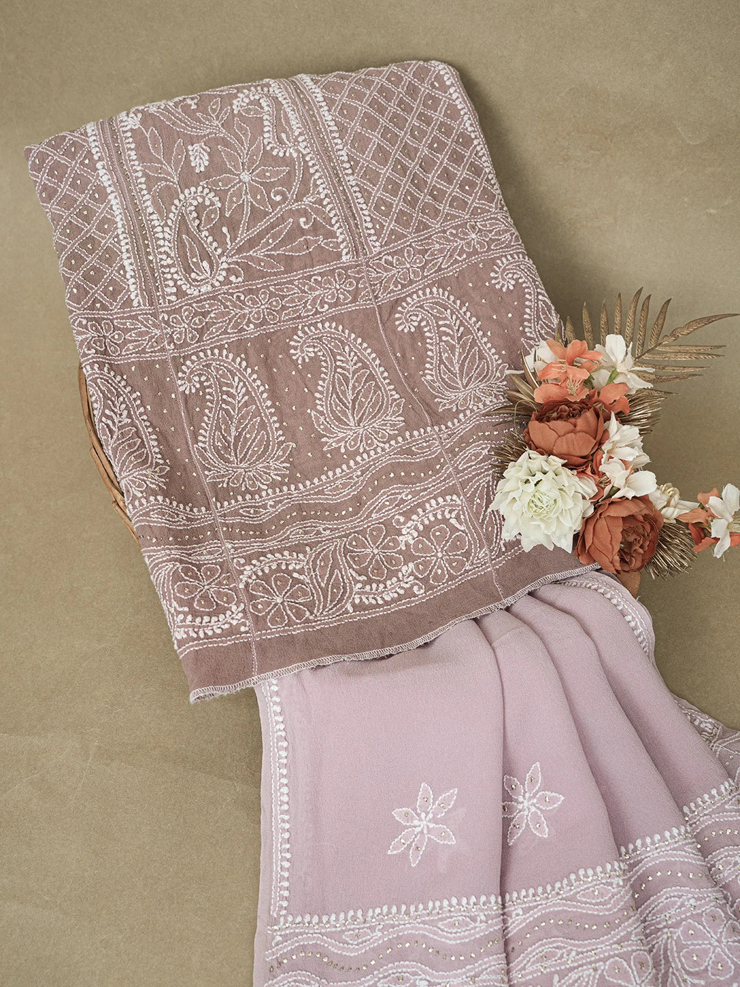 Ada Hand Embroidered Ombre Shade of Mauve And Coffee Brown Pure Georgette Lucknowi Chikankari Semi-Stitched Anarkali Kurta Dupatta Set With Muqaish/Mukaish Work 01A559266