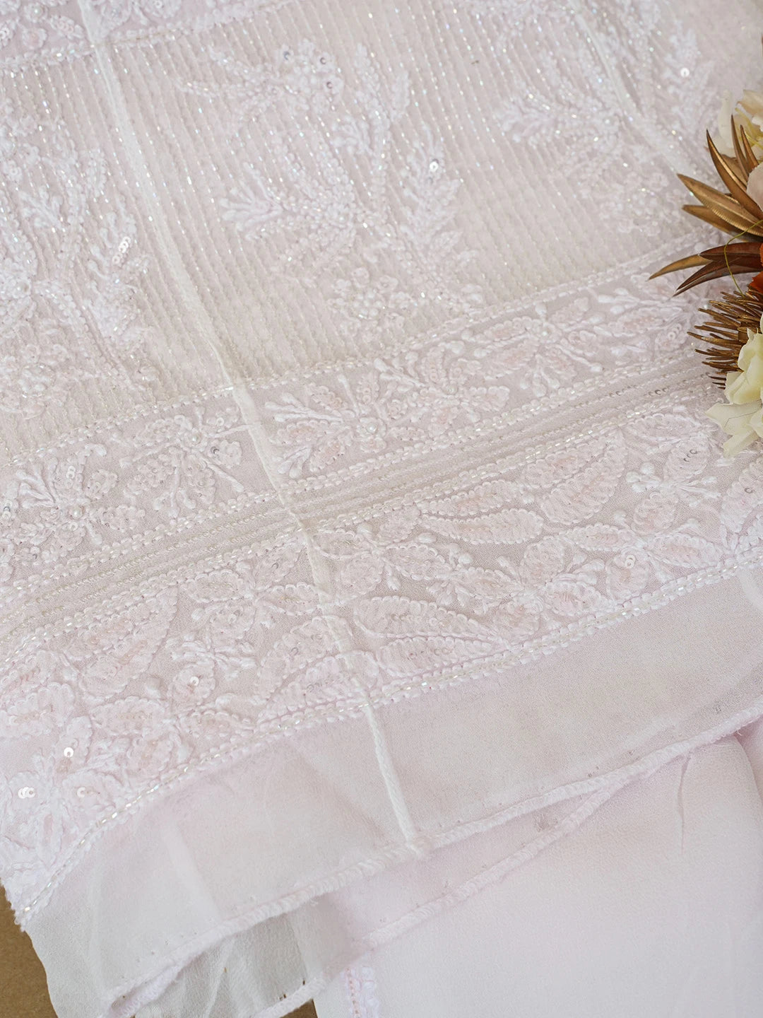 Ada Hand Embroidered Light Pink Viscose Georgette Lucknowi Chikankari Semi-Stitched Anarkali Kurta Dupatta Set With Cutdana Work 01A633299