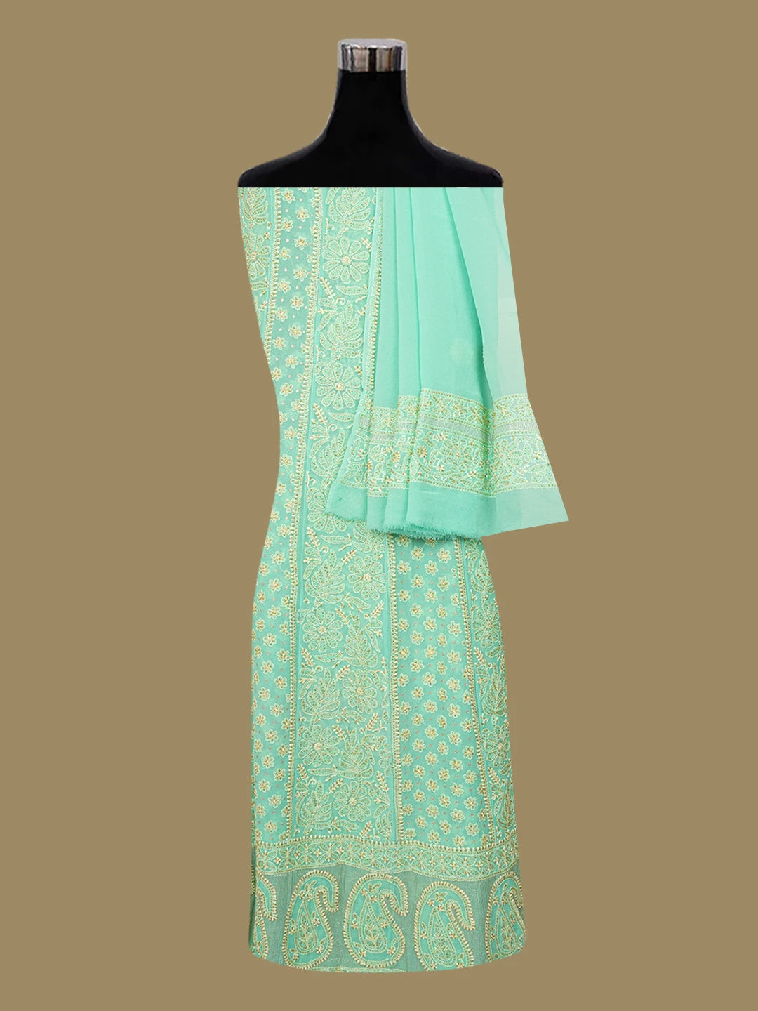 Ada Hand Embroidered Sea Green Pure Georgette Lucknowi Chikankari Semi-Stitched Anarkali Kurta Dupatta Set With Cutdana Work 01A186778