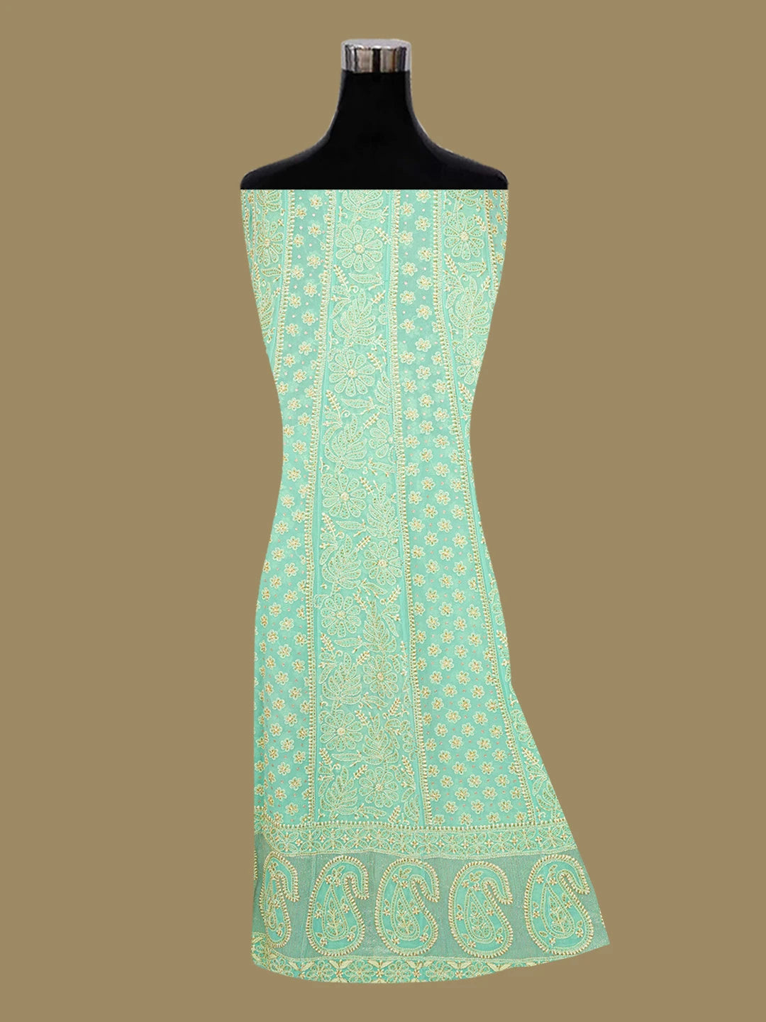 Ada Hand Embroidered Sea Green Pure Georgette Lucknowi Chikankari Semi-Stitched Anarkali Kurta Dupatta Set With Cutdana Work 01A186778