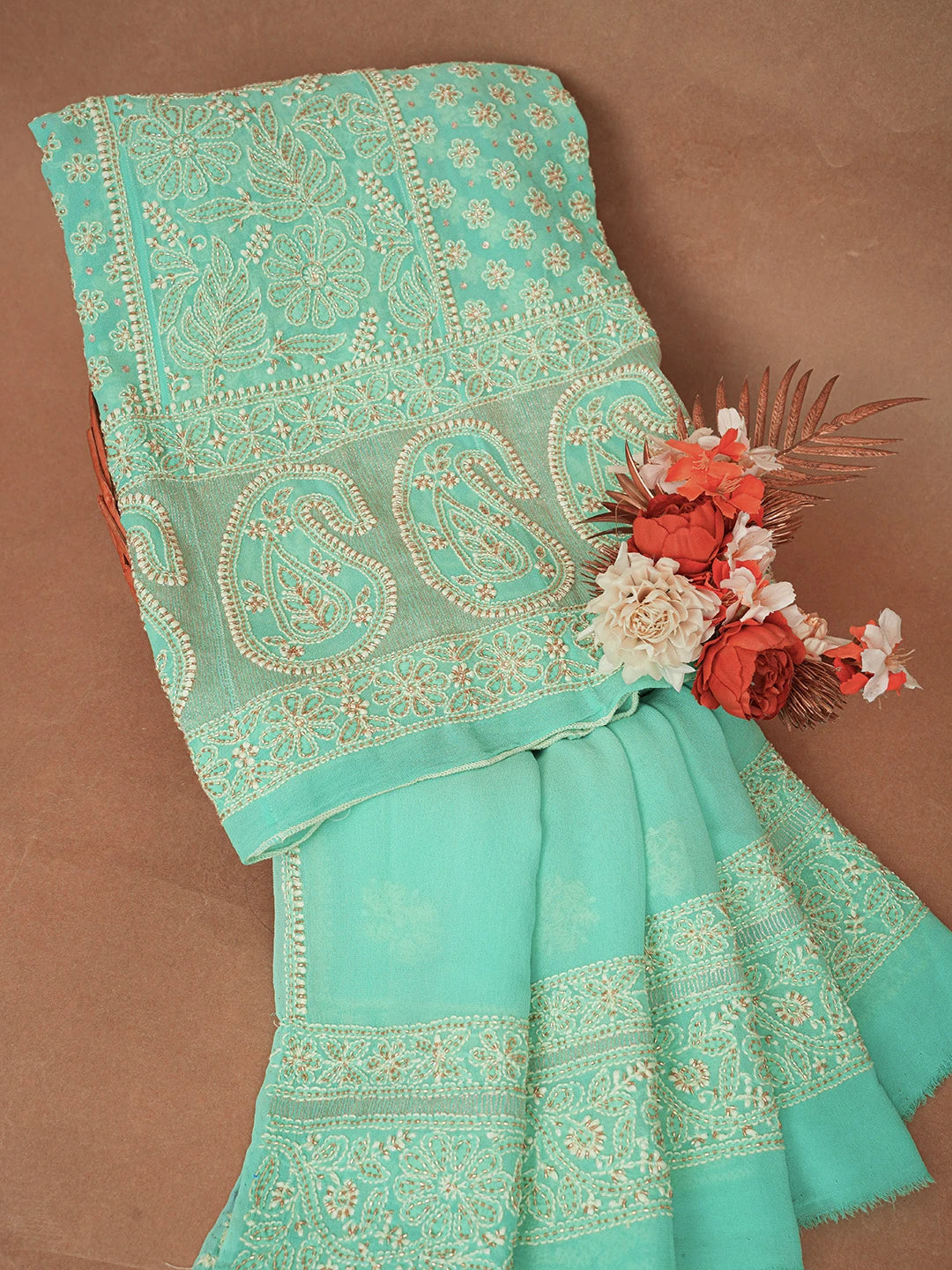 Ada Hand Embroidered Sea Green Pure Georgette Lucknowi Chikankari Semi-Stitched Anarkali Kurta Dupatta Set With Cutdana Work 01A186778