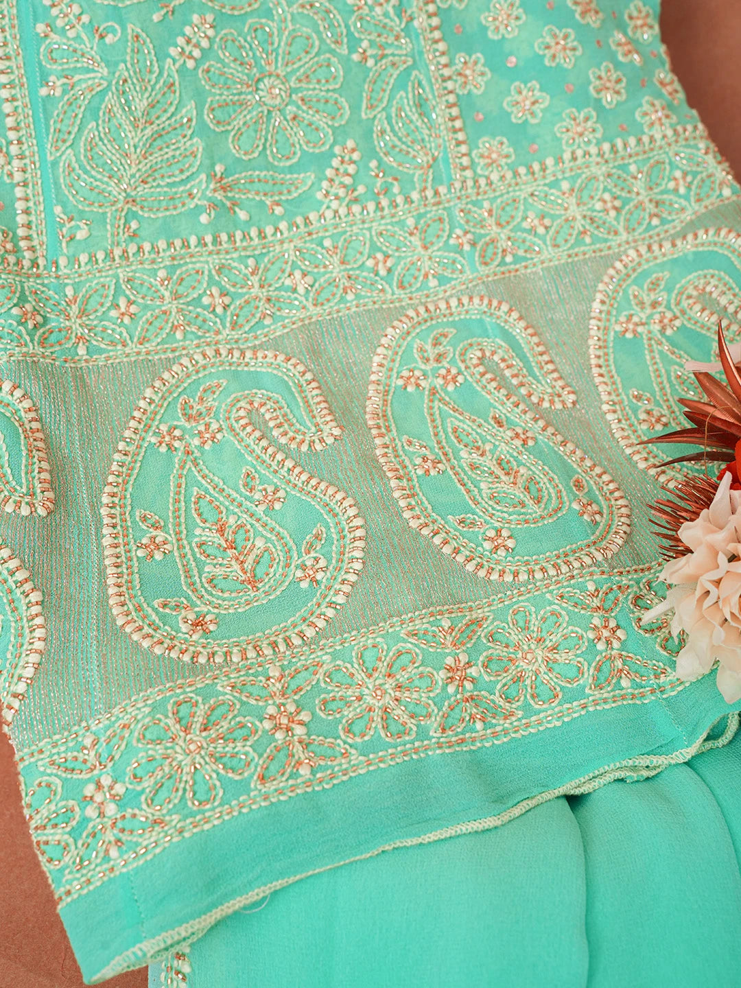 Ada Hand Embroidered Sea Green Pure Georgette Lucknowi Chikankari Semi-Stitched Anarkali Kurta Dupatta Set With Cutdana Work 01A186778