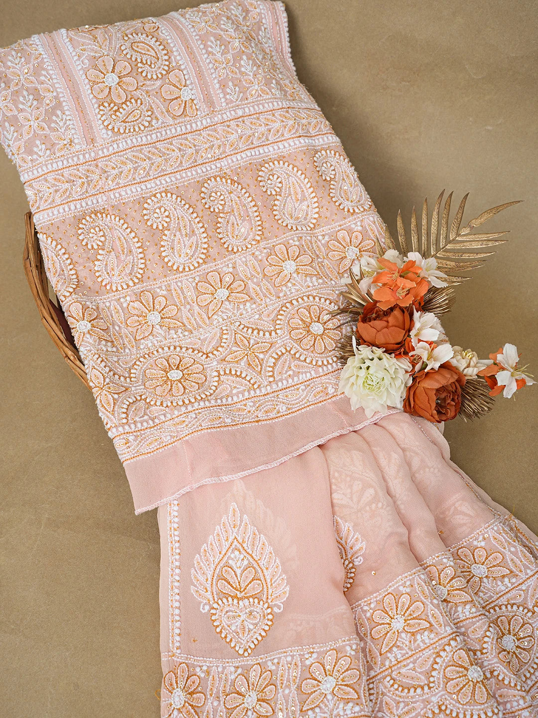 Ada Hand Embroidered Peach Pure Georgette Lucknowi Chikankari Semi-Stitched Anarkali Kurta Dupatta Set With Sequinned Work 01A569095