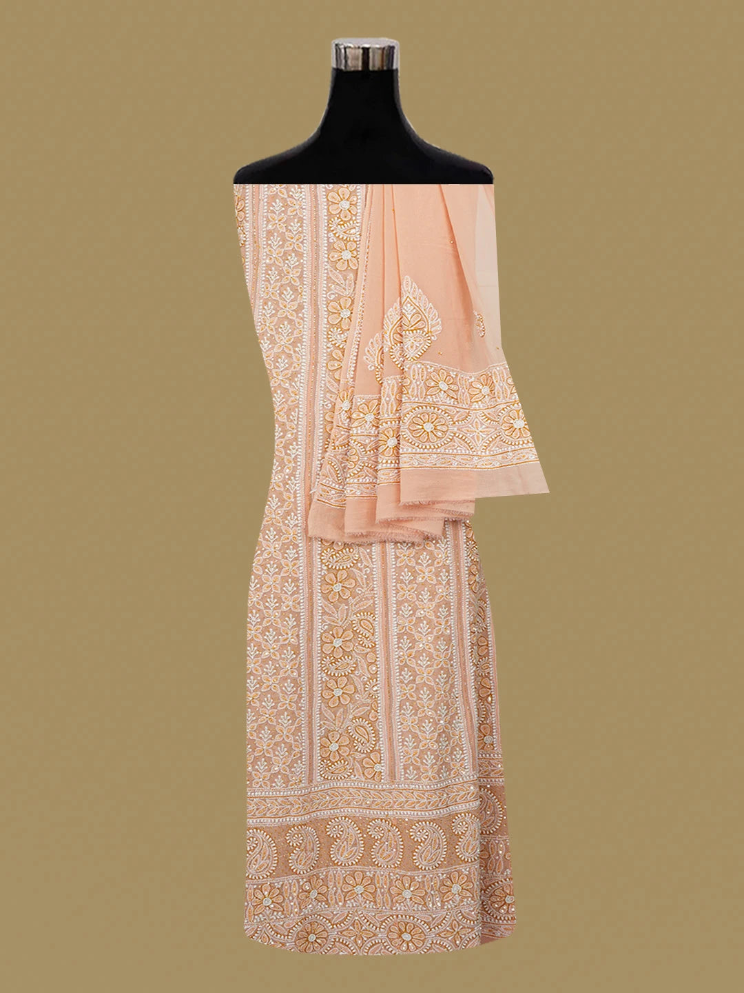 Ada Hand Embroidered Peach Pure Georgette Lucknowi Chikankari Semi-Stitched Anarkali Kurta Dupatta Set With Sequinned Work 01A569095