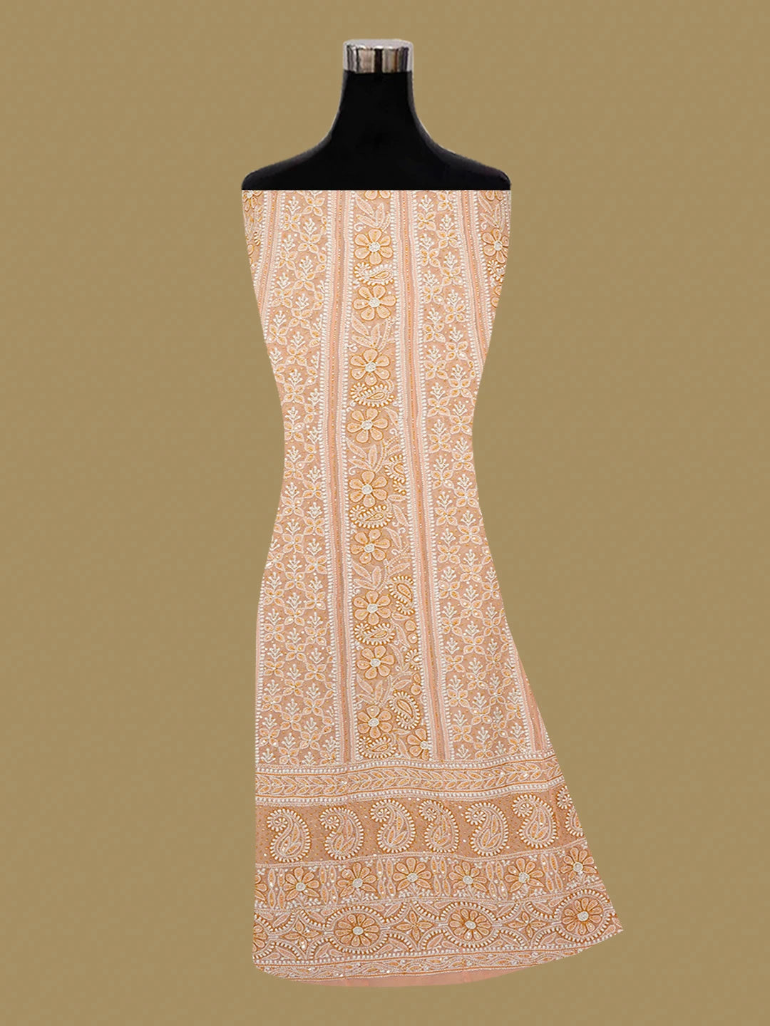 Ada Hand Embroidered Peach Pure Georgette Lucknowi Chikankari Semi-Stitched Anarkali Kurta Dupatta Set With Sequinned Work 01A569095