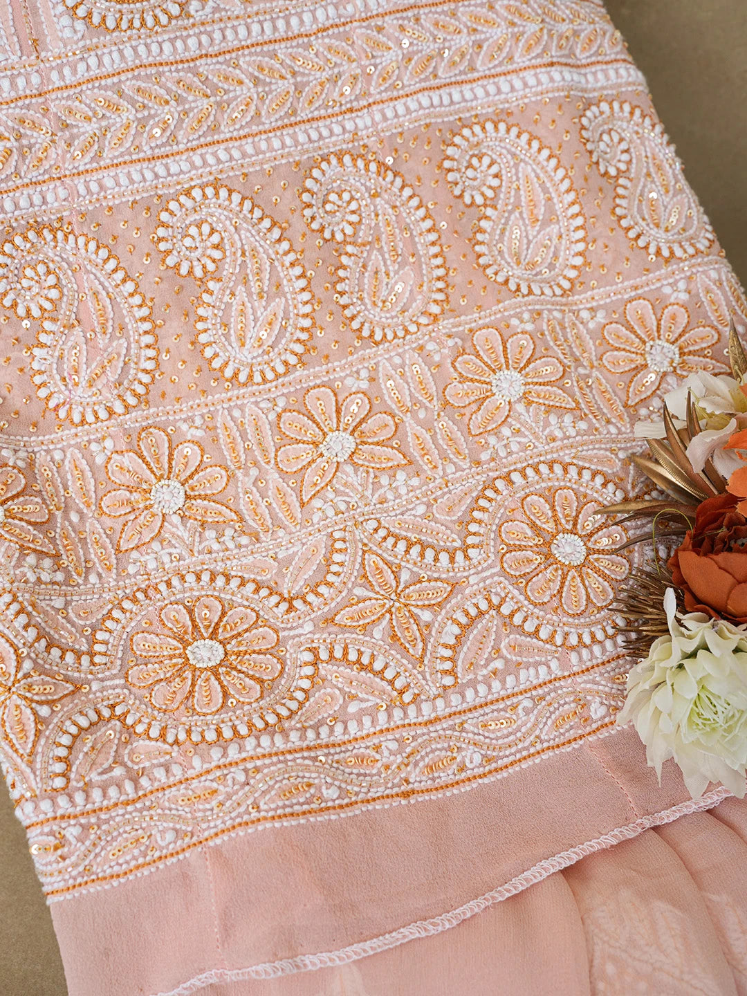 Ada Hand Embroidered Peach Pure Georgette Lucknowi Chikankari Semi-Stitched Anarkali Kurta Dupatta Set With Sequinned Work 01A569095