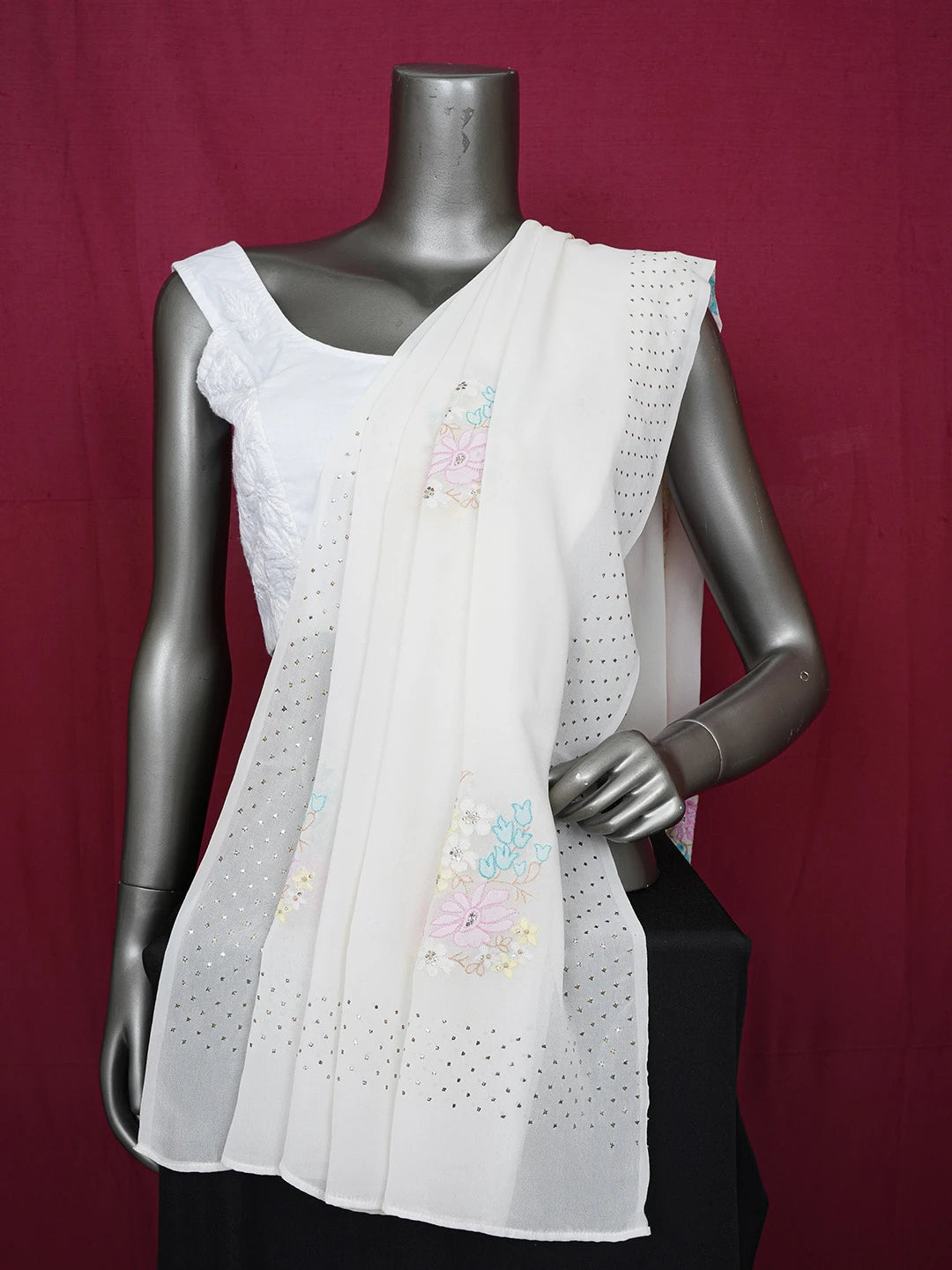 Ada Hand Embroidered White Pure Georgette Lucknowi Chikankari Dupatta With Parsi Work A350747