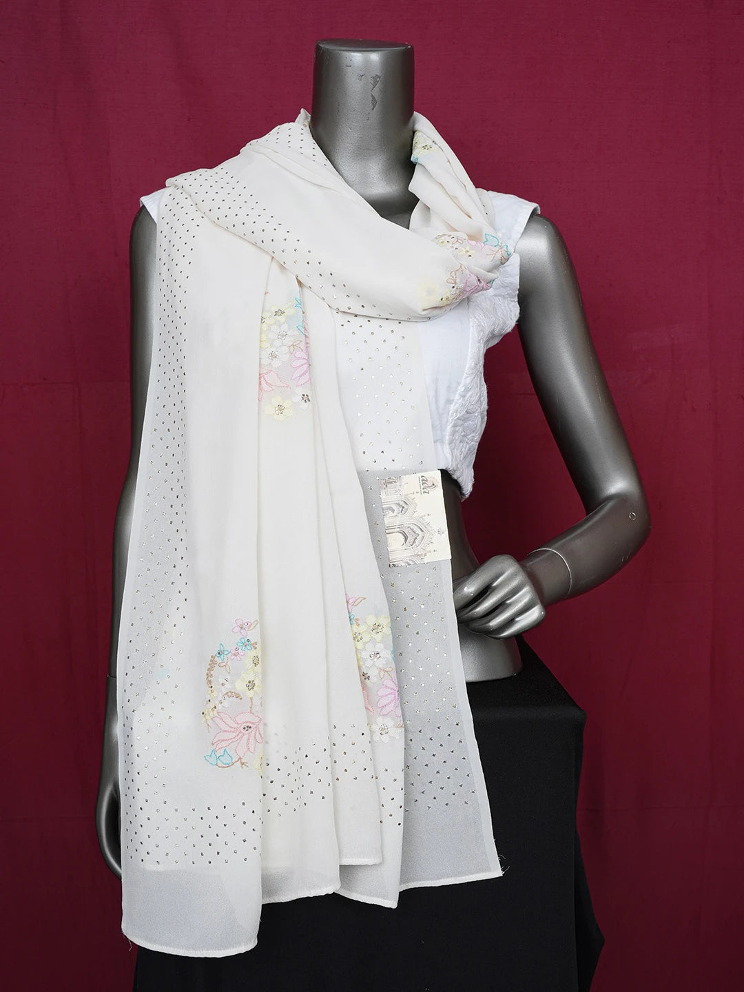 Ada Hand Embroidered White Pure Georgette Lucknowi Chikankari Dupatta With Parsi Work A350747