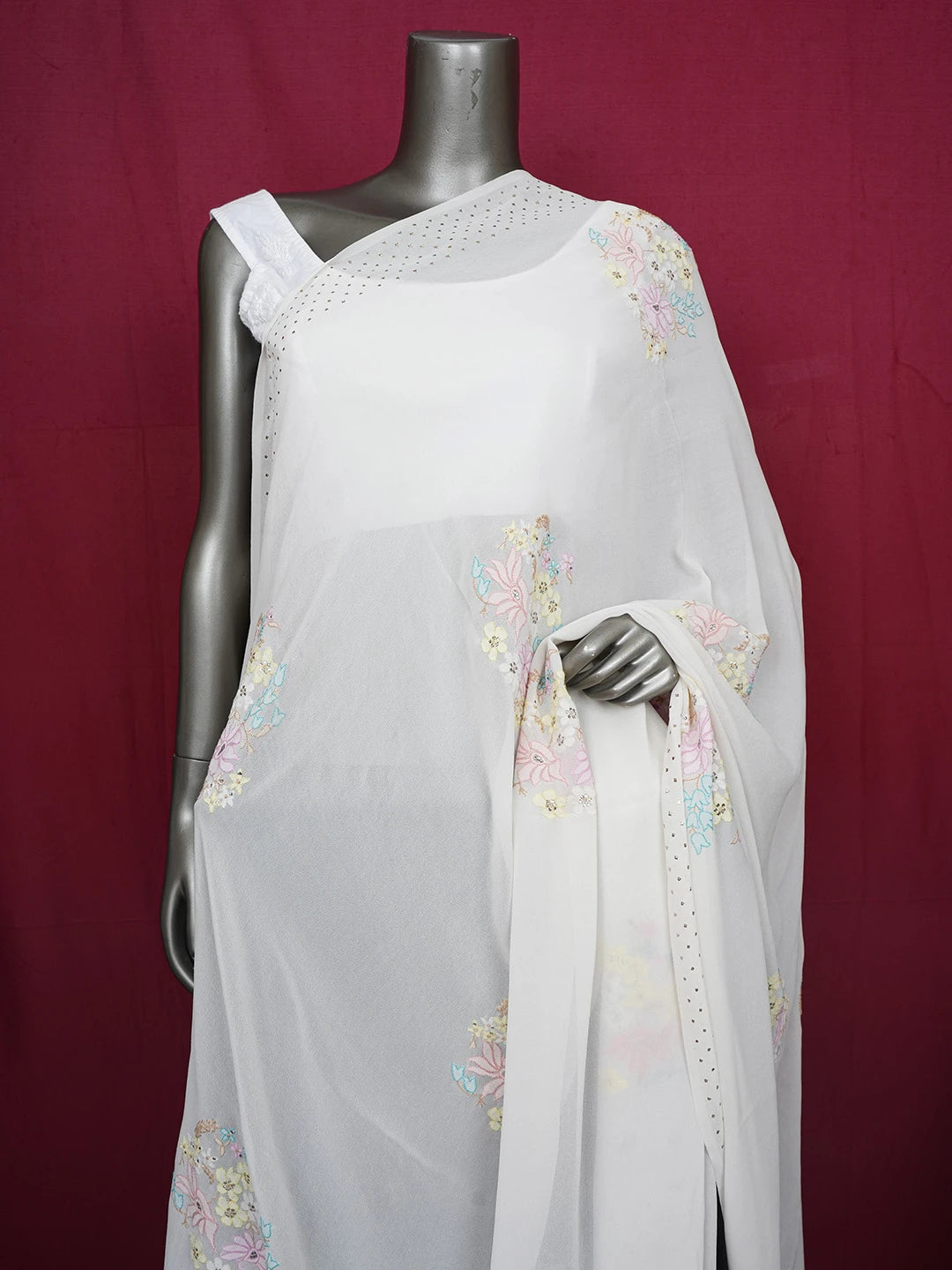 Ada Hand Embroidered White Pure Georgette Lucknowi Chikankari Dupatta With Parsi Work A350747