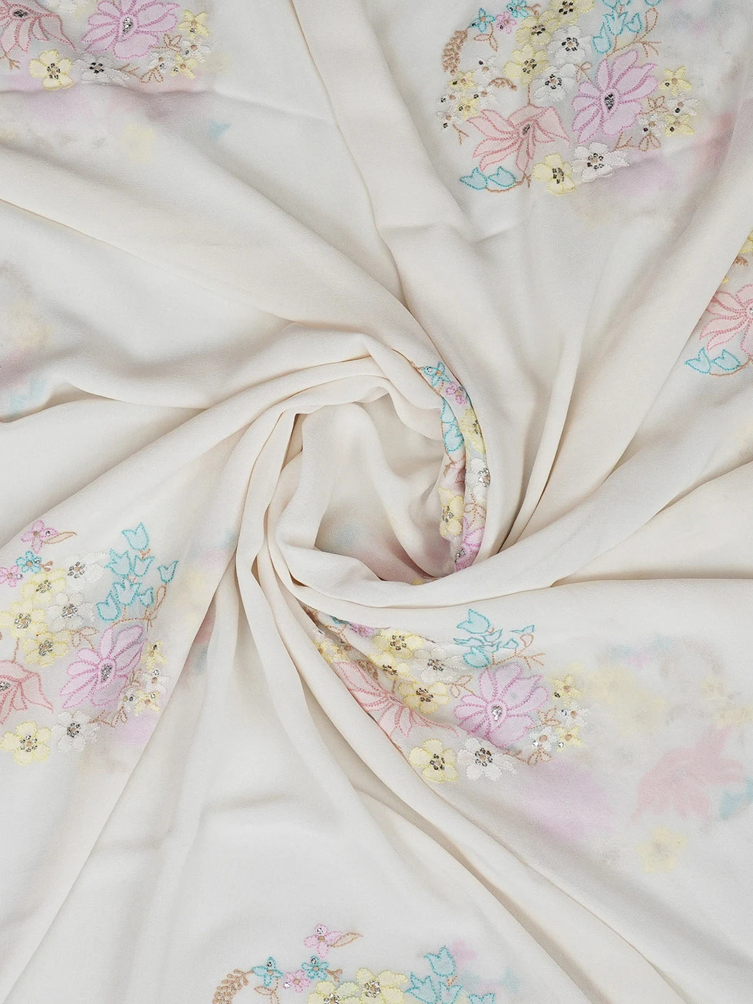 Ada Hand Embroidered White Pure Georgette Lucknowi Chikankari Dupatta With Parsi Work A350747
