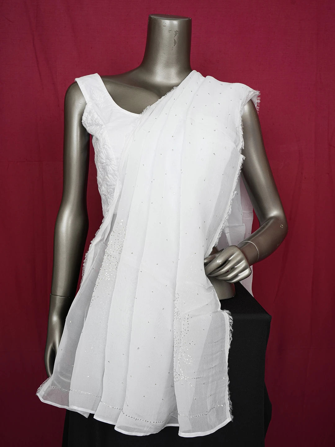 Ada Hand Embroidered Alice Blue Organza Lucknowi Chikankari Dupatta With Muqaish Work 01A603224