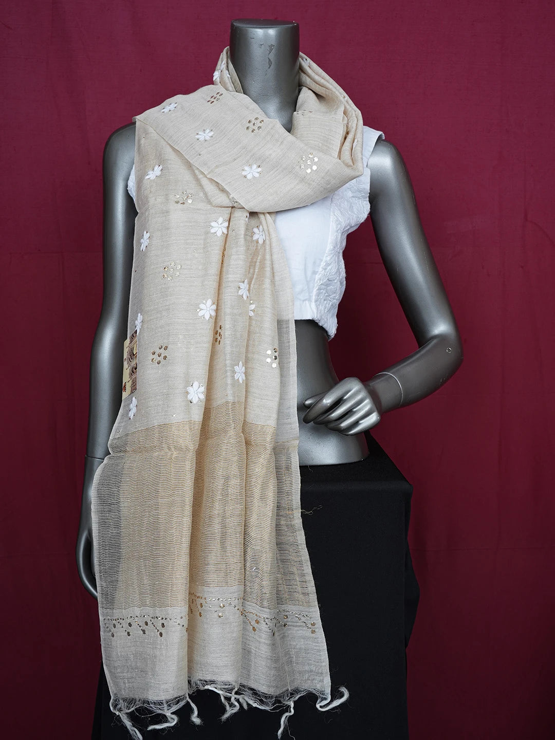 Ada Hand Embroidered Fawn Silk Lucknowi Chikankari Dupatta With Muqaish Work 01A654092