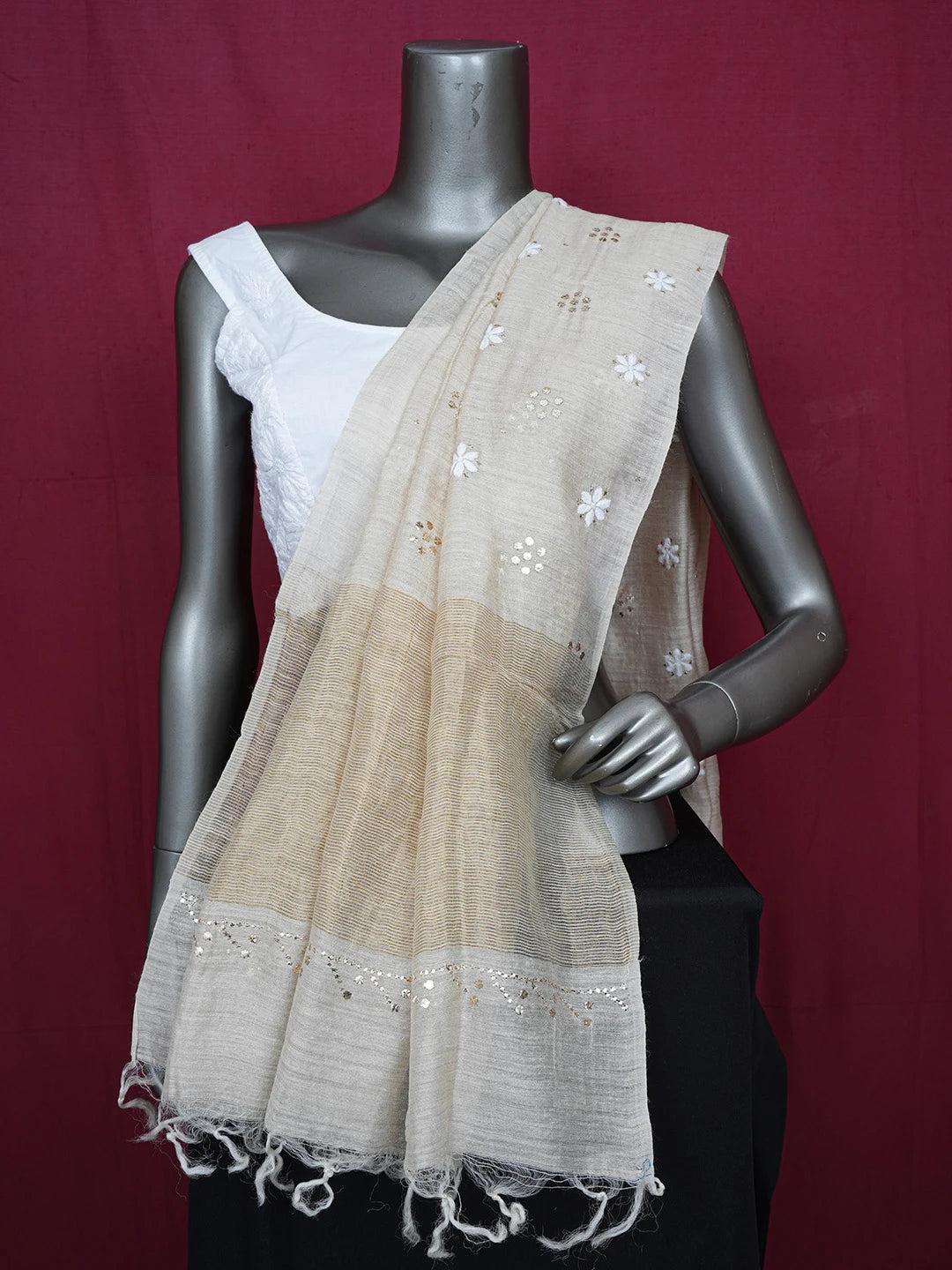 Ada Hand Embroidered Fawn Silk Lucknowi Chikankari Dupatta With Muqaish Work 01A654092