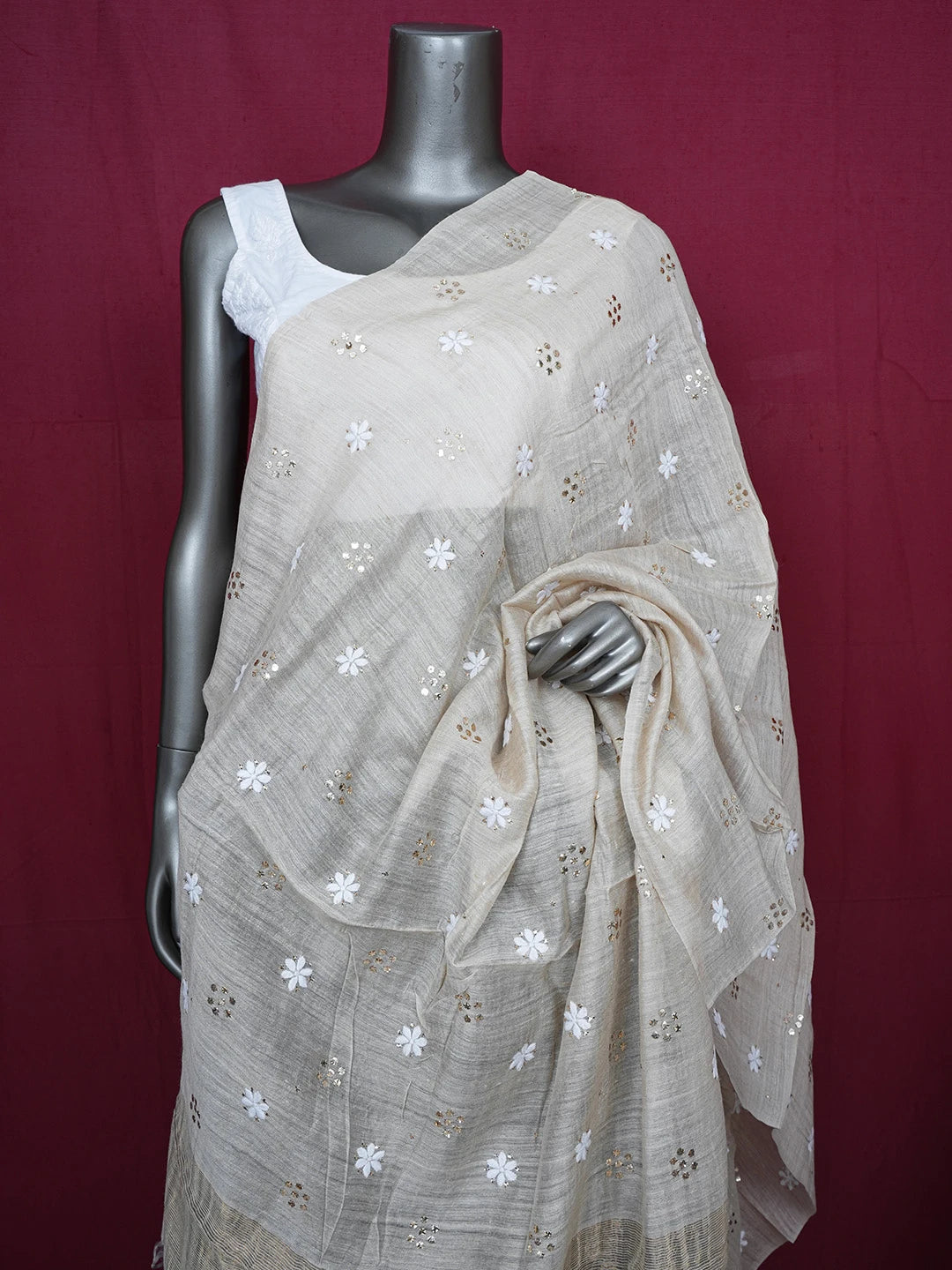 Ada Hand Embroidered Fawn Silk Lucknowi Chikankari Dupatta With Muqaish Work 01A654092
