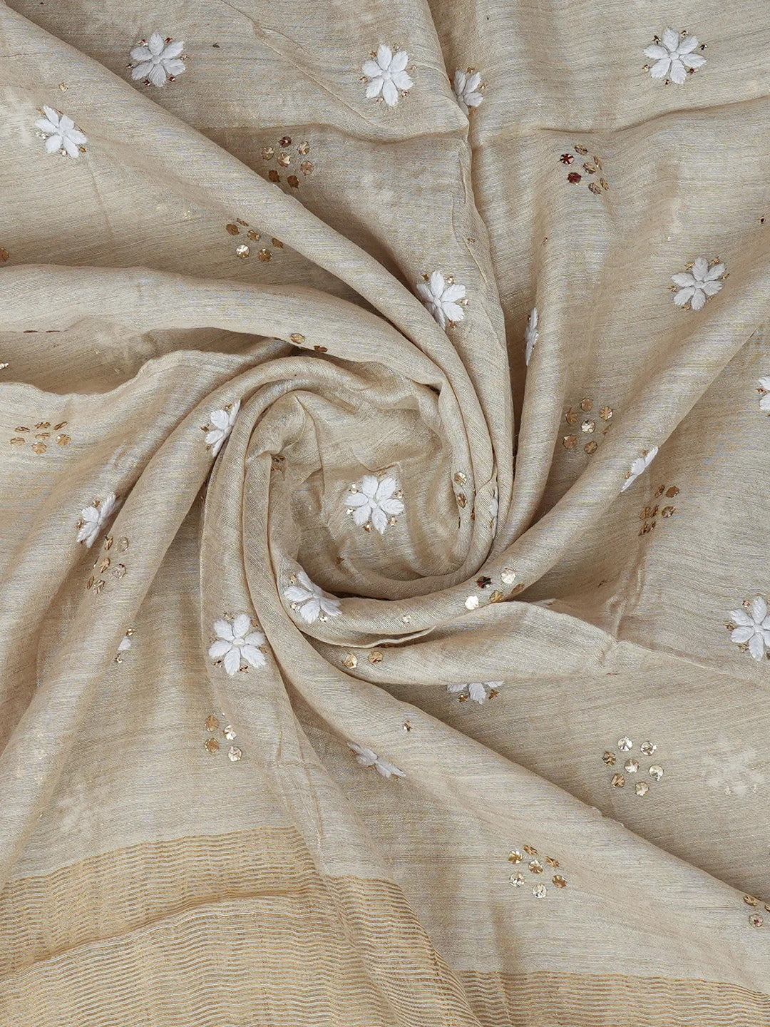 Ada Hand Embroidered Fawn Silk Lucknowi Chikankari Dupatta With Muqaish Work 01A654092