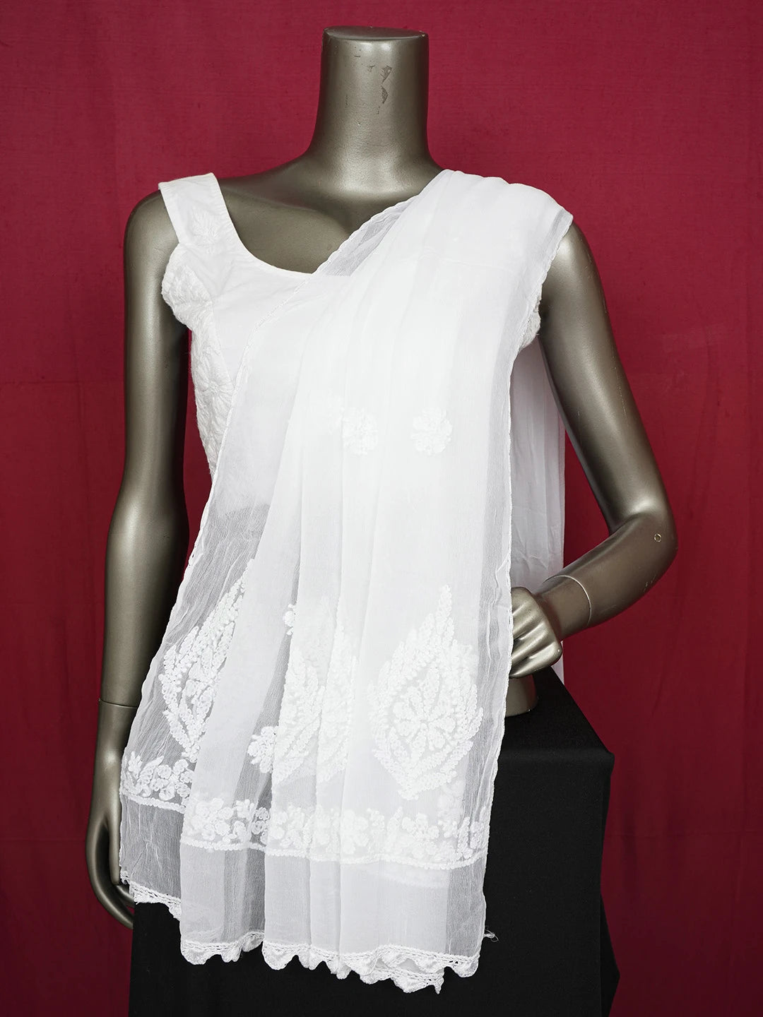 Ada Hand Embroidered White Chiffon Lucknowi Chikankari Dupatta 01A658210